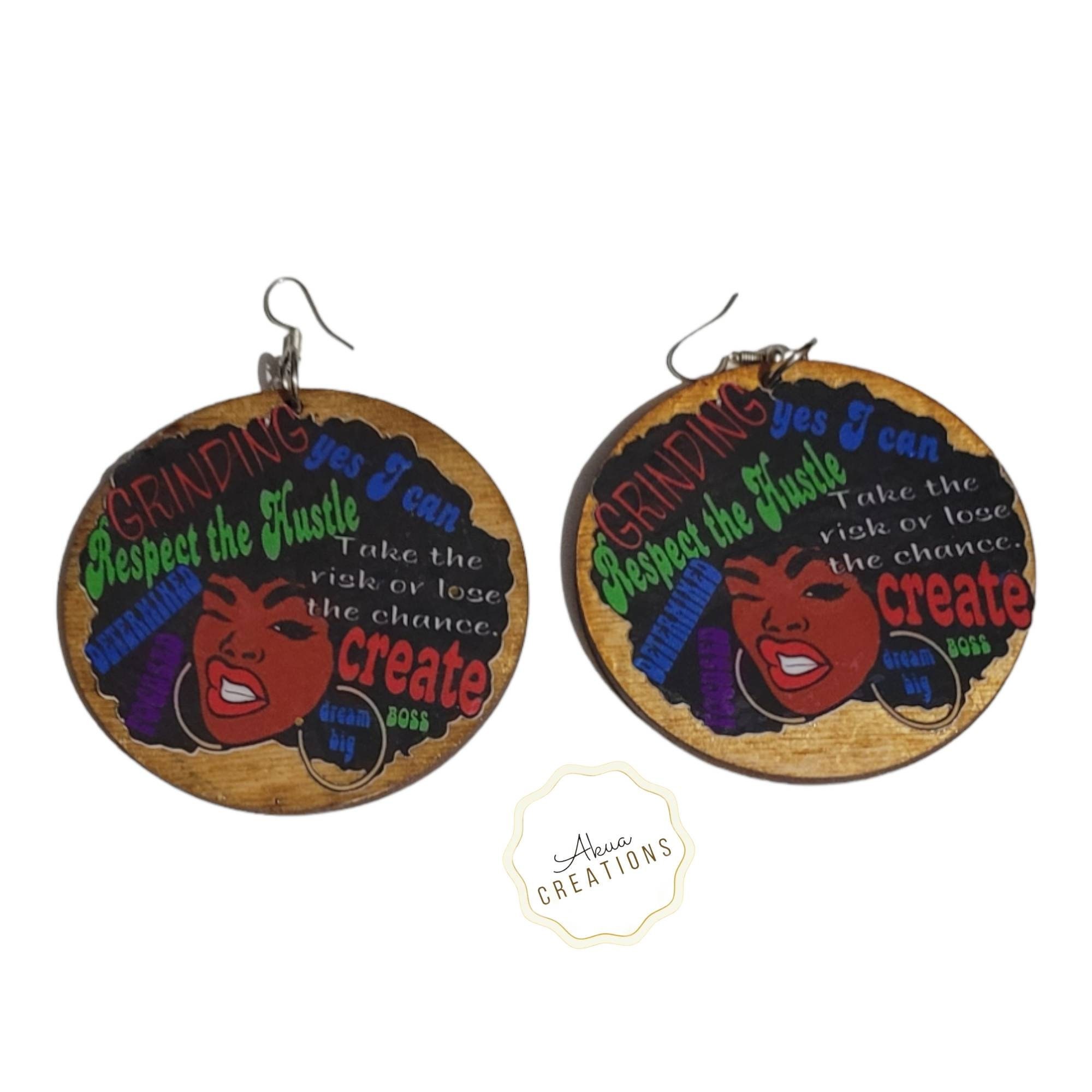 Afrocentric Wood Hoop Earrings, Dope Girl Magic, Ethnic Dangle Earrings view 2