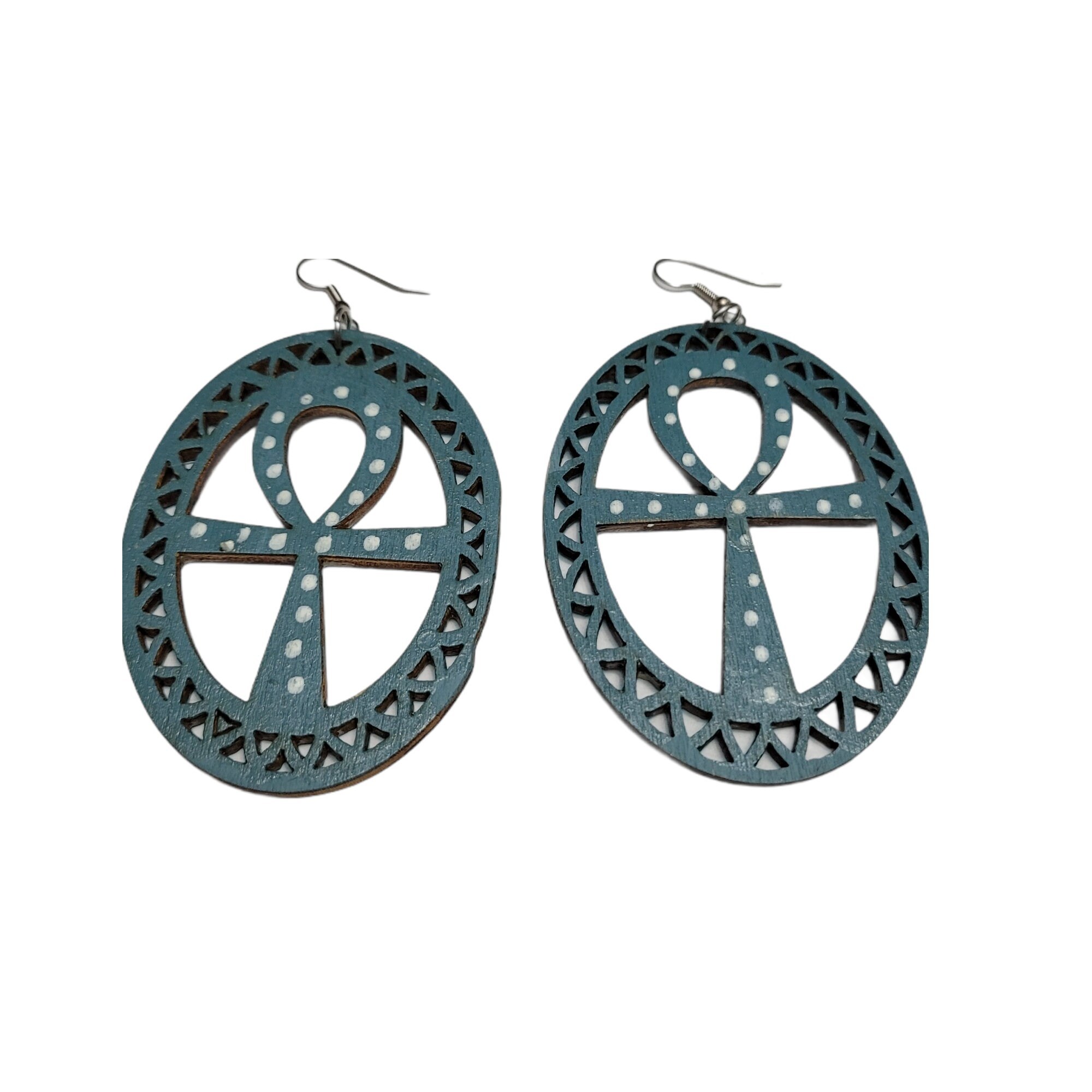 Hand painted Ankh Wood Earrings view 2