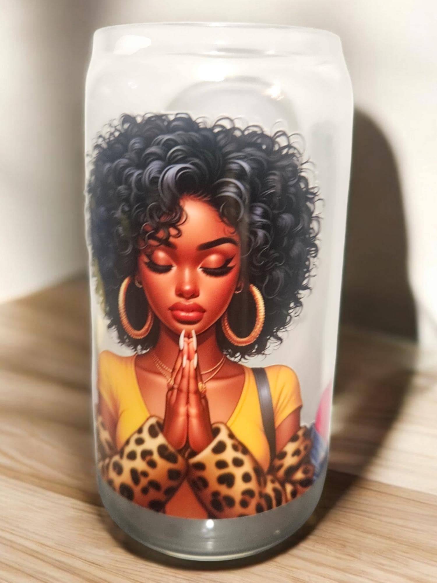Praying Black Woman Beer Can Glass, Melanin Iced Coffee Glass 16oz, Afrocentric Christian Gift, Faith Drinkware for Her, Black Owned Gift