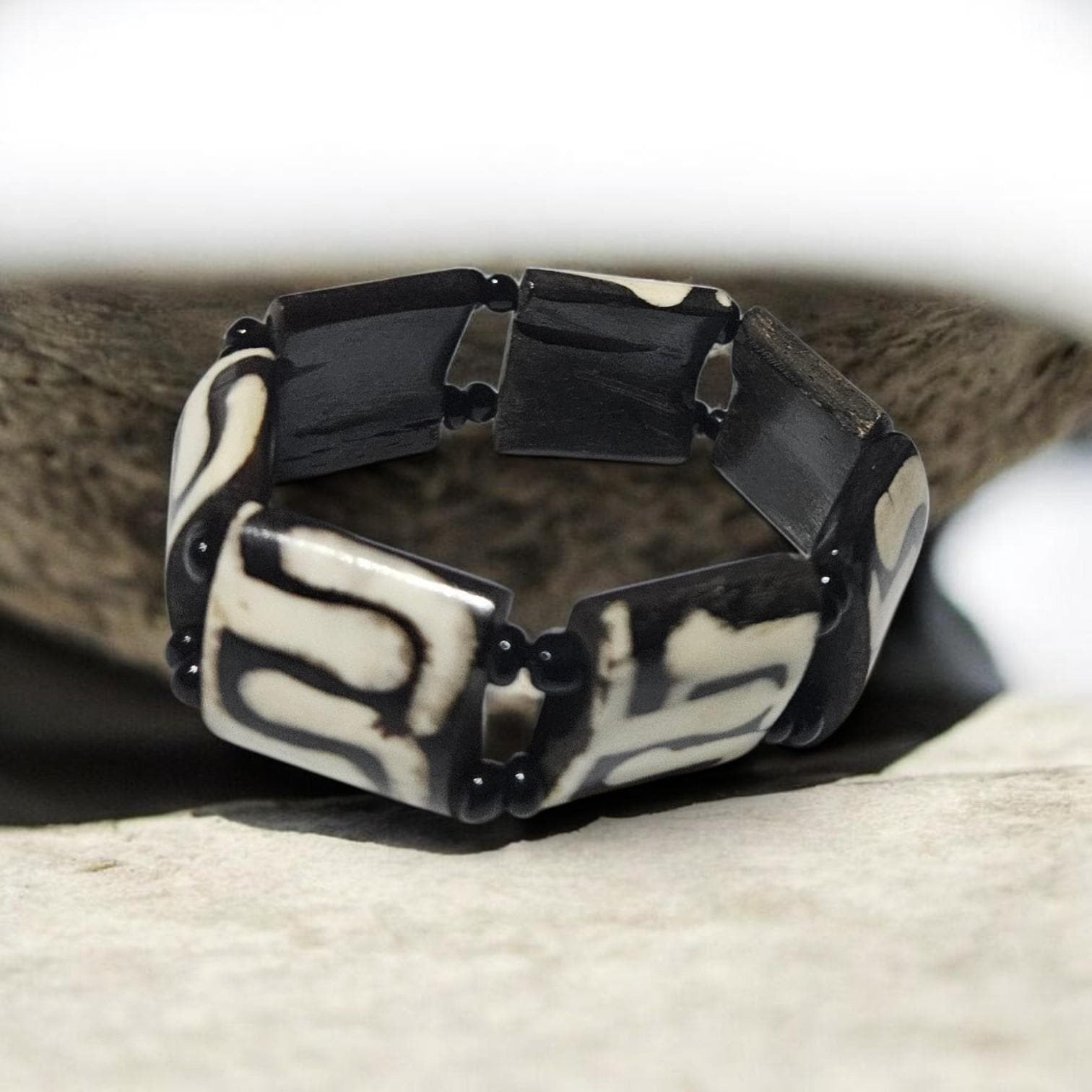 Black Cream Batik Tribal Bold Pattern African Mudcloth Design Stretch Bone Bracelet view 5