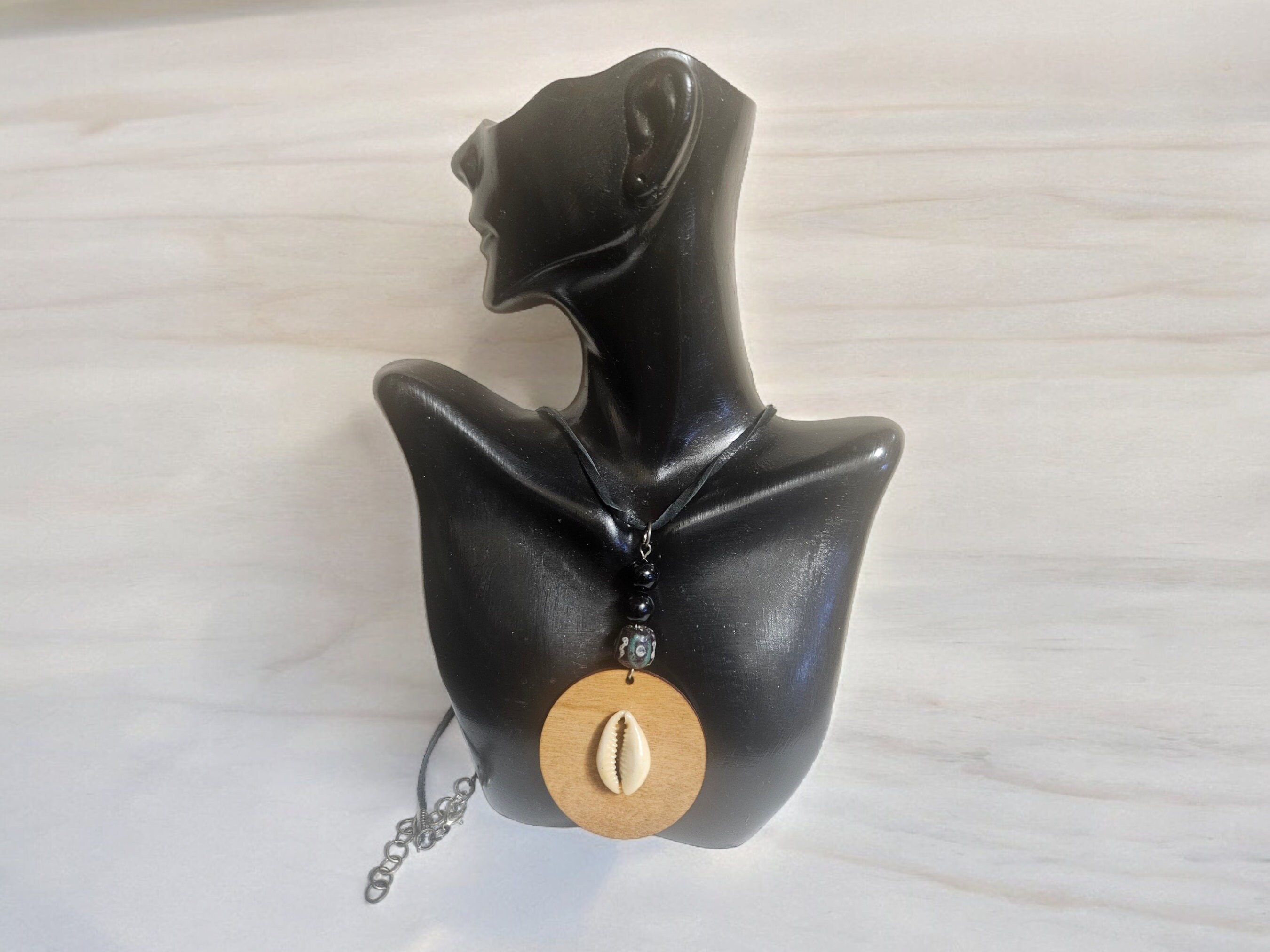 Handmade Round Wood Necklace with leather cord