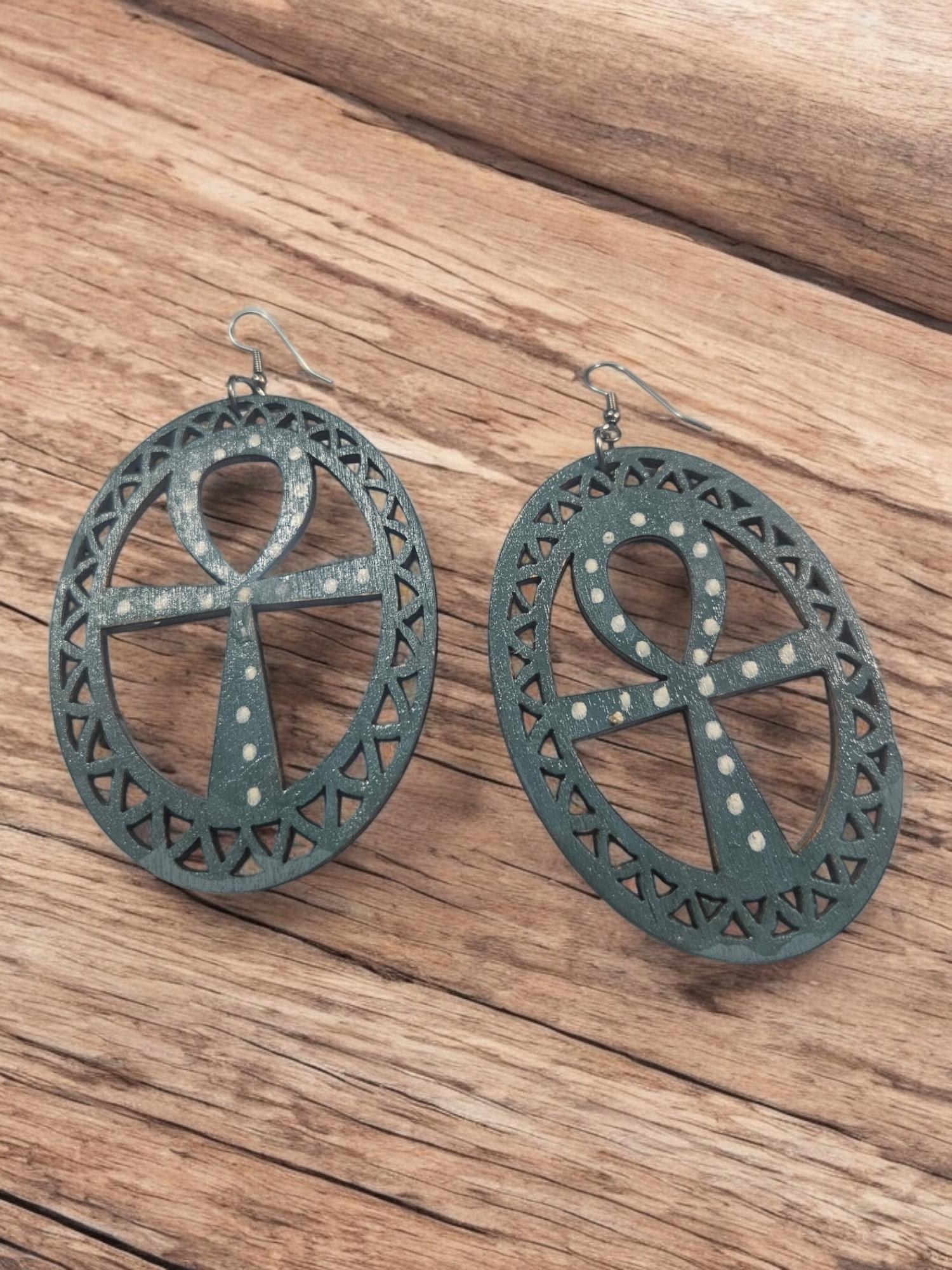 Hand painted Ankh Wood Earrings view 3