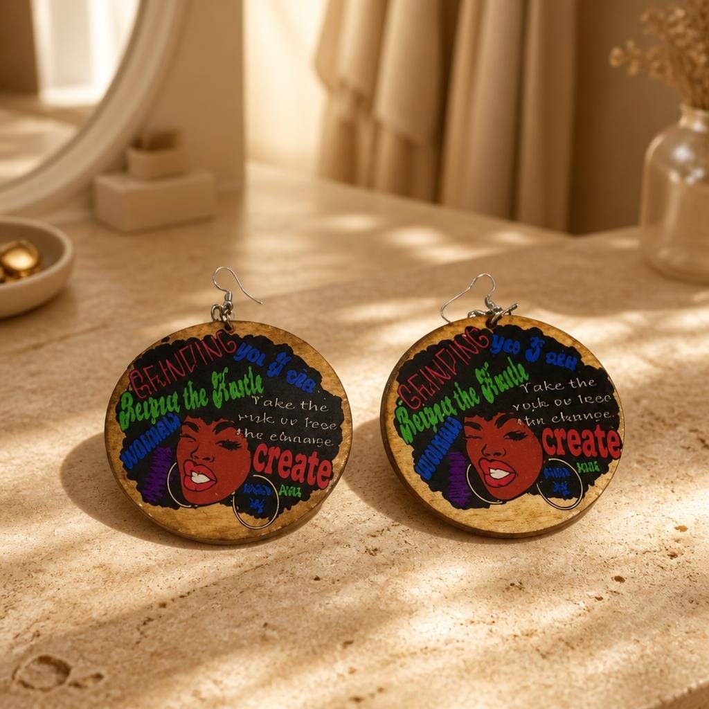 Afrocentric Wood Hoop Earrings, Dope Girl Magic, Ethnic Dangle Earrings view 3