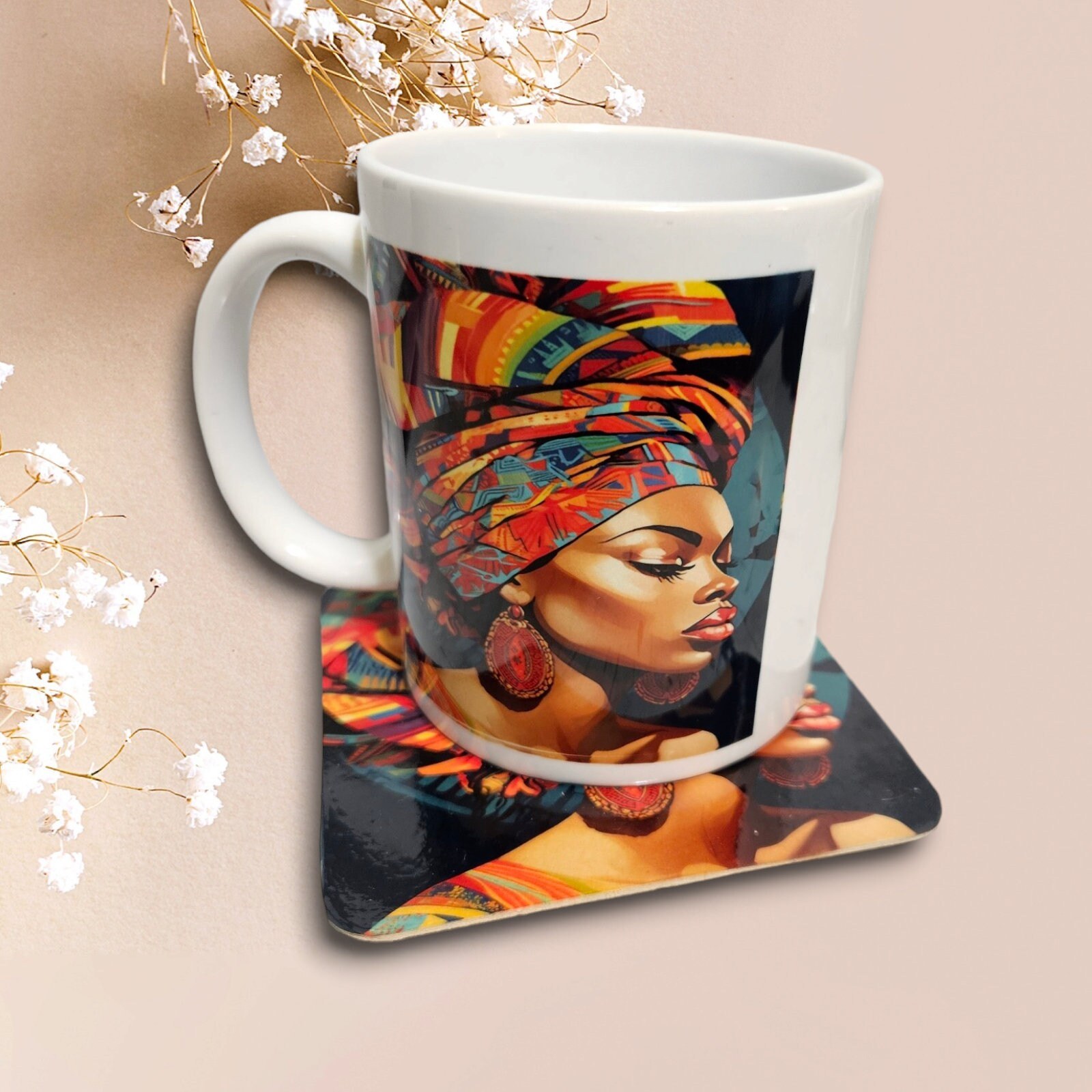 Sip in Style: 3D Afrocentric Elegance Mug - Elevate Your Coffee Experience!", Afro American Coffee Mug,Black Woman Free matching coaster view 2