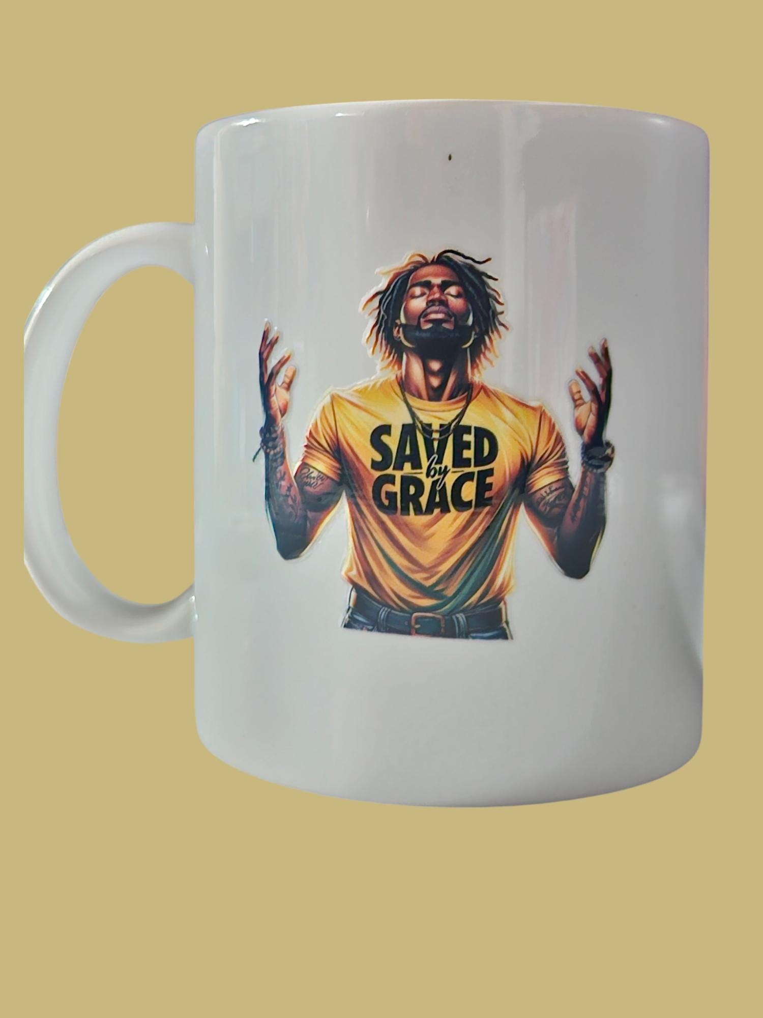 Save by Grace Coffee Mug. Afrocentric man praying-Celebrate Black Excellence!