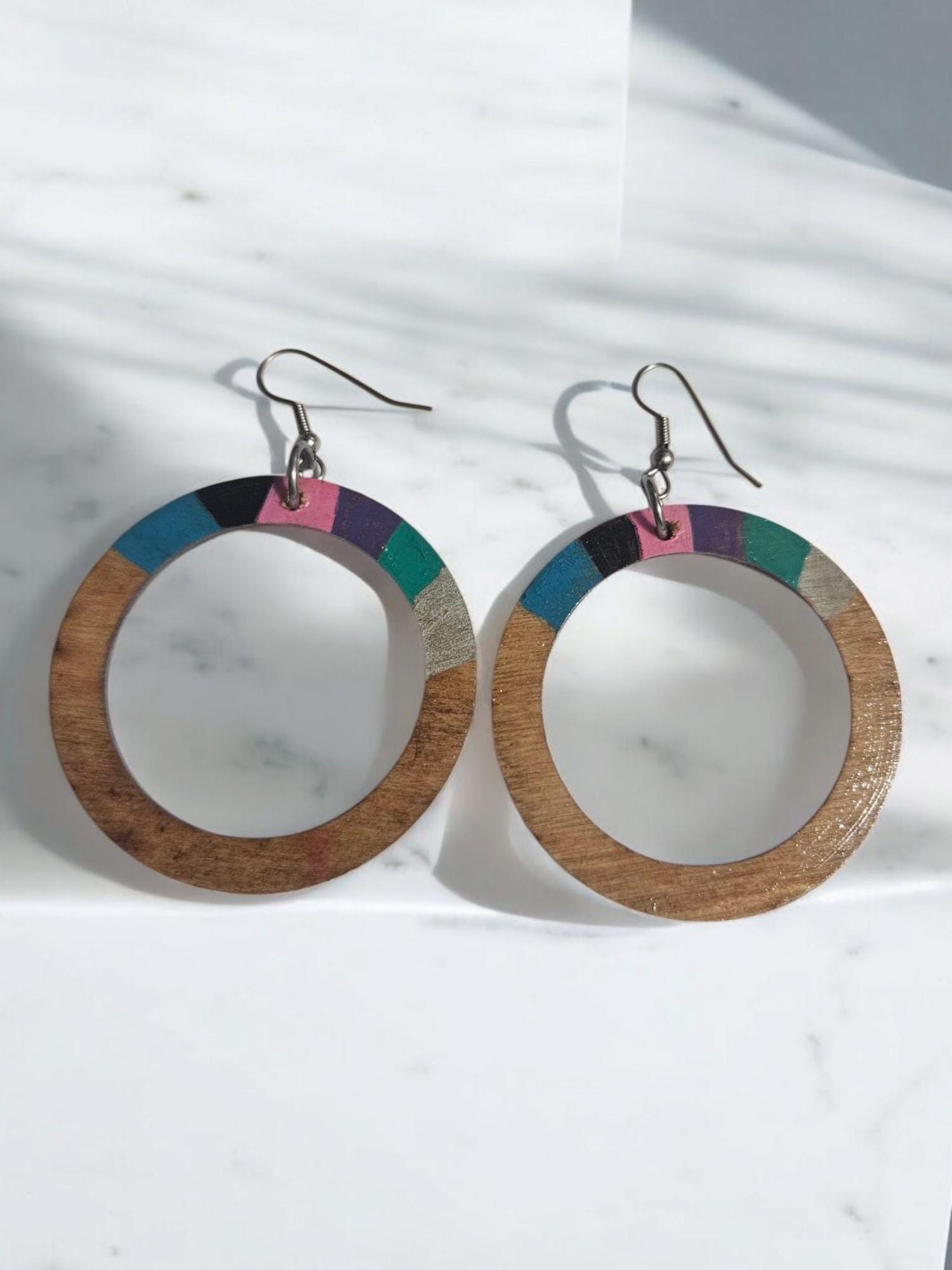 Handpainted Hoop Earrings, Ethnic Cowrie Shell Dangles view 3