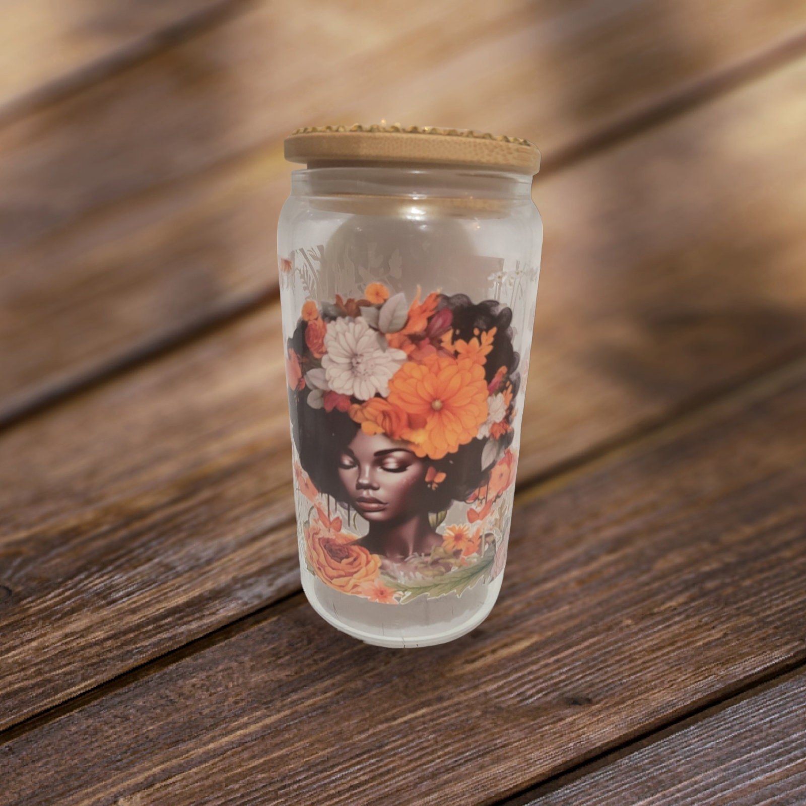Aftoocentric Woman Sunflower ,BeerCan,Glass,Ice Coffee Glass,Housewarming Gift, Afrocentric, Afro,bling
