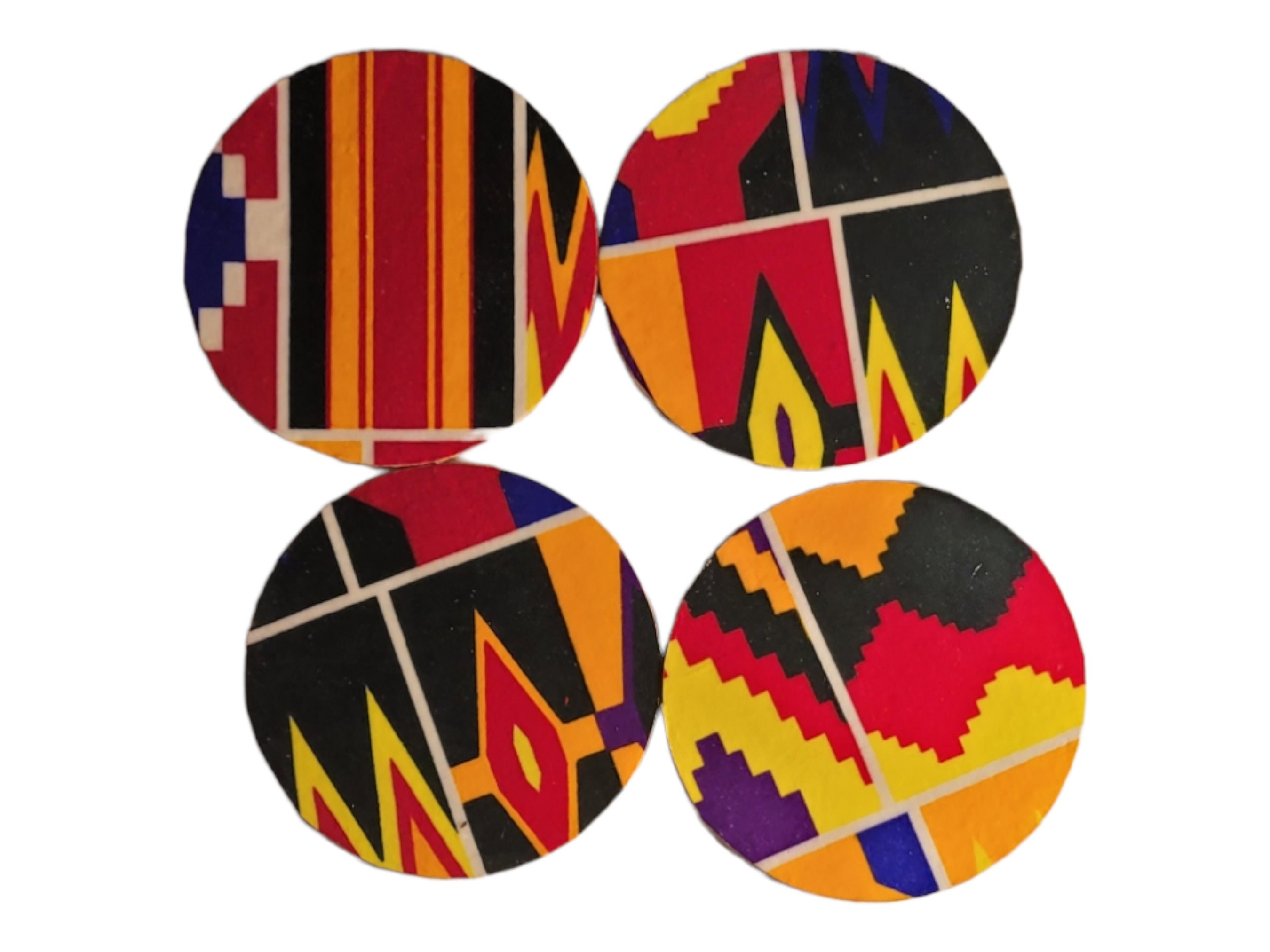 Afrocentric Fabric and Wood Coasters, Set Of four, Home Decor,Round African print coasters view 4