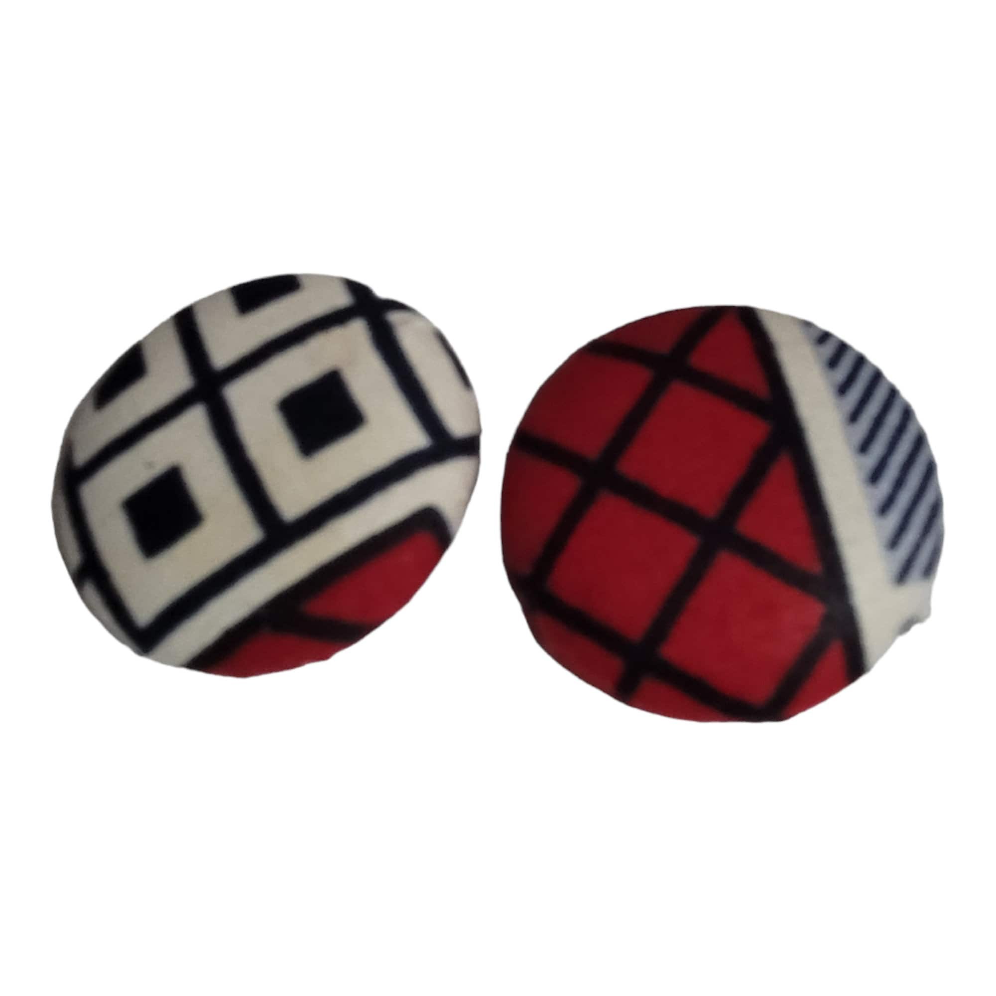 African Fabric covered button earrings made with hypoallergenic stainless Post view 2