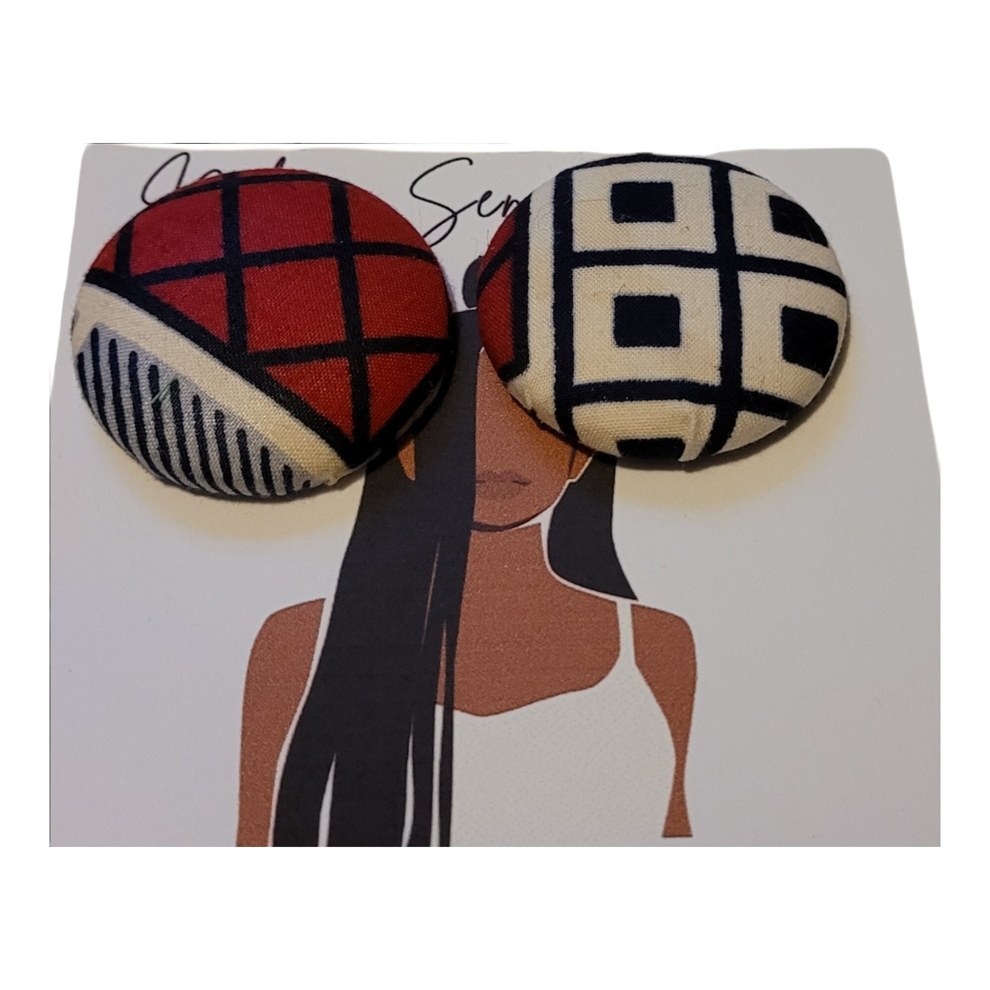 African Fabric covered button earrings made with hypoallergenic stainless Post