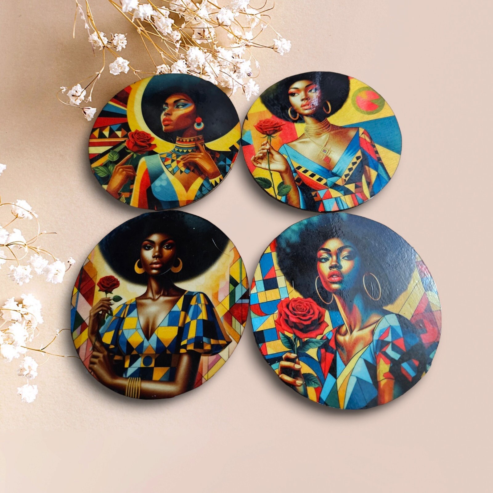 Afrocentric Wood Coasters, Set Of four, Home Decor,Round African print coasters view 3