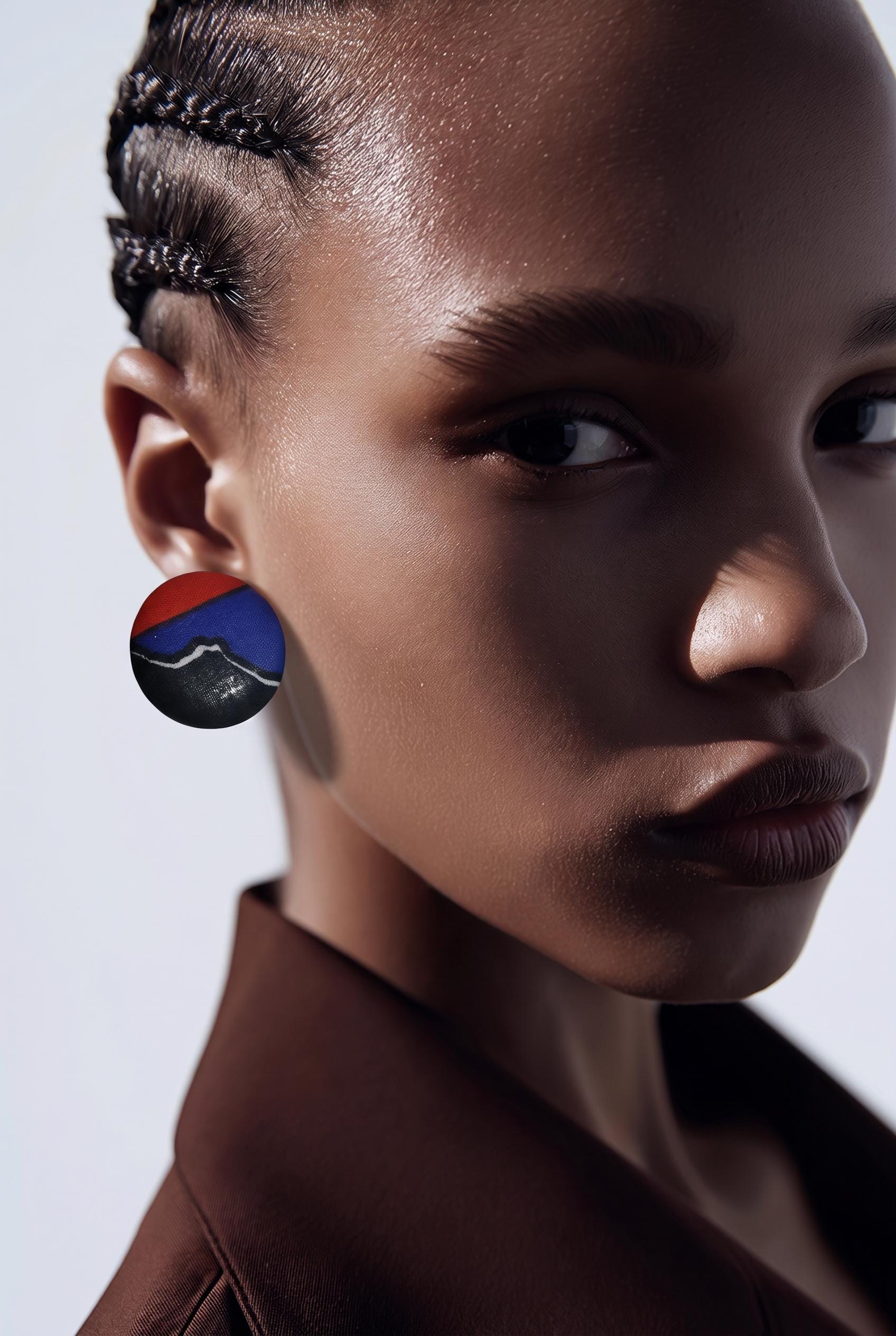 African Fabric covered button earrings made with hypoallergenic stainless Post