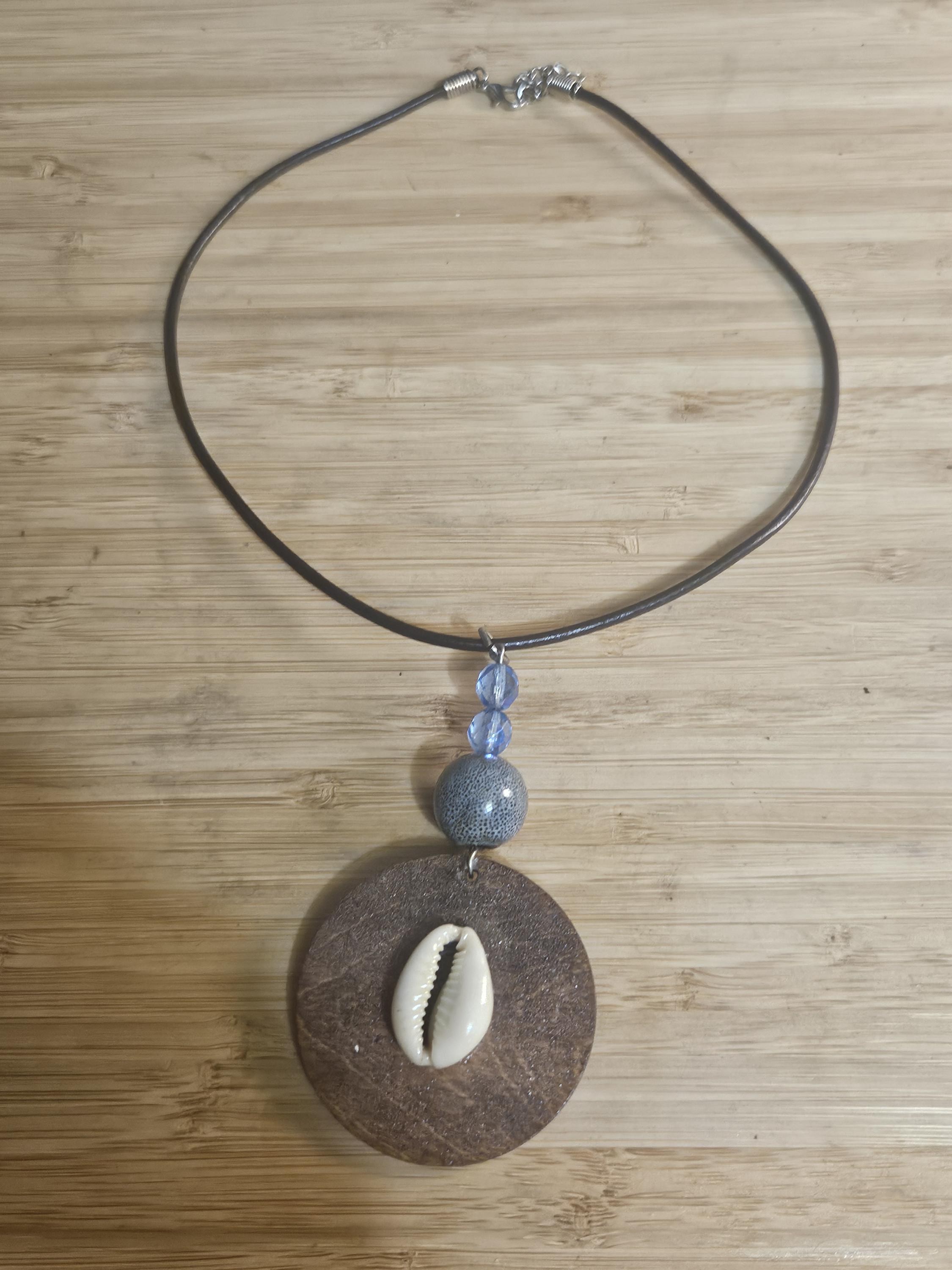 Handmade Round Wood Necklace with leather cord view 3