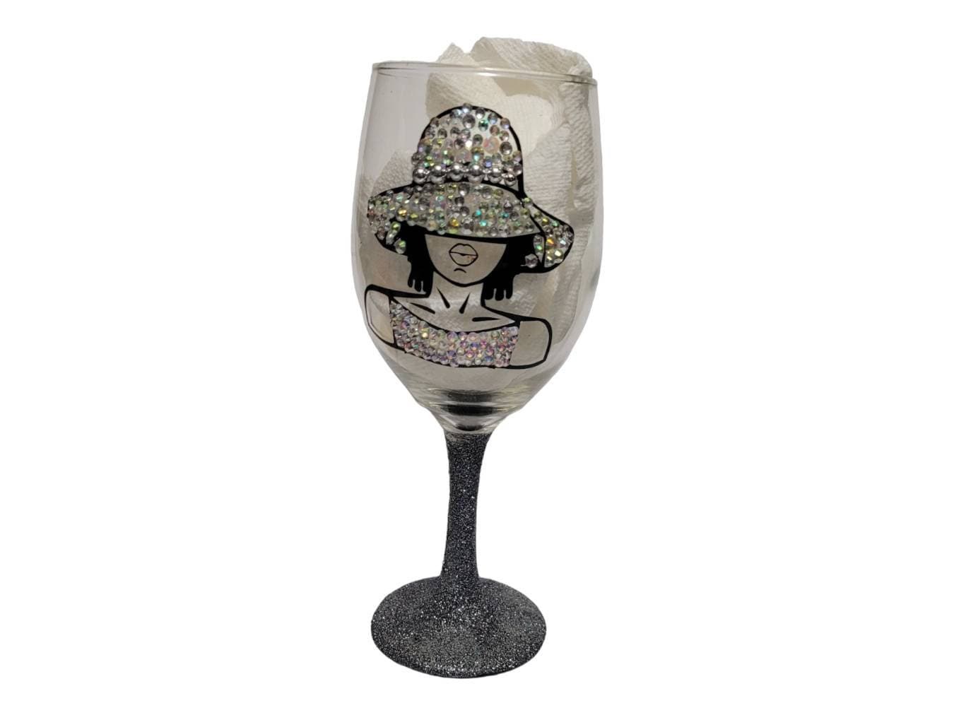 Bling Stemless Wine Glass, Black Woman Afrocentric Gift, Melanin Wine Glass, Birthday Gift for Her, Handmade Glitter Wine Cup