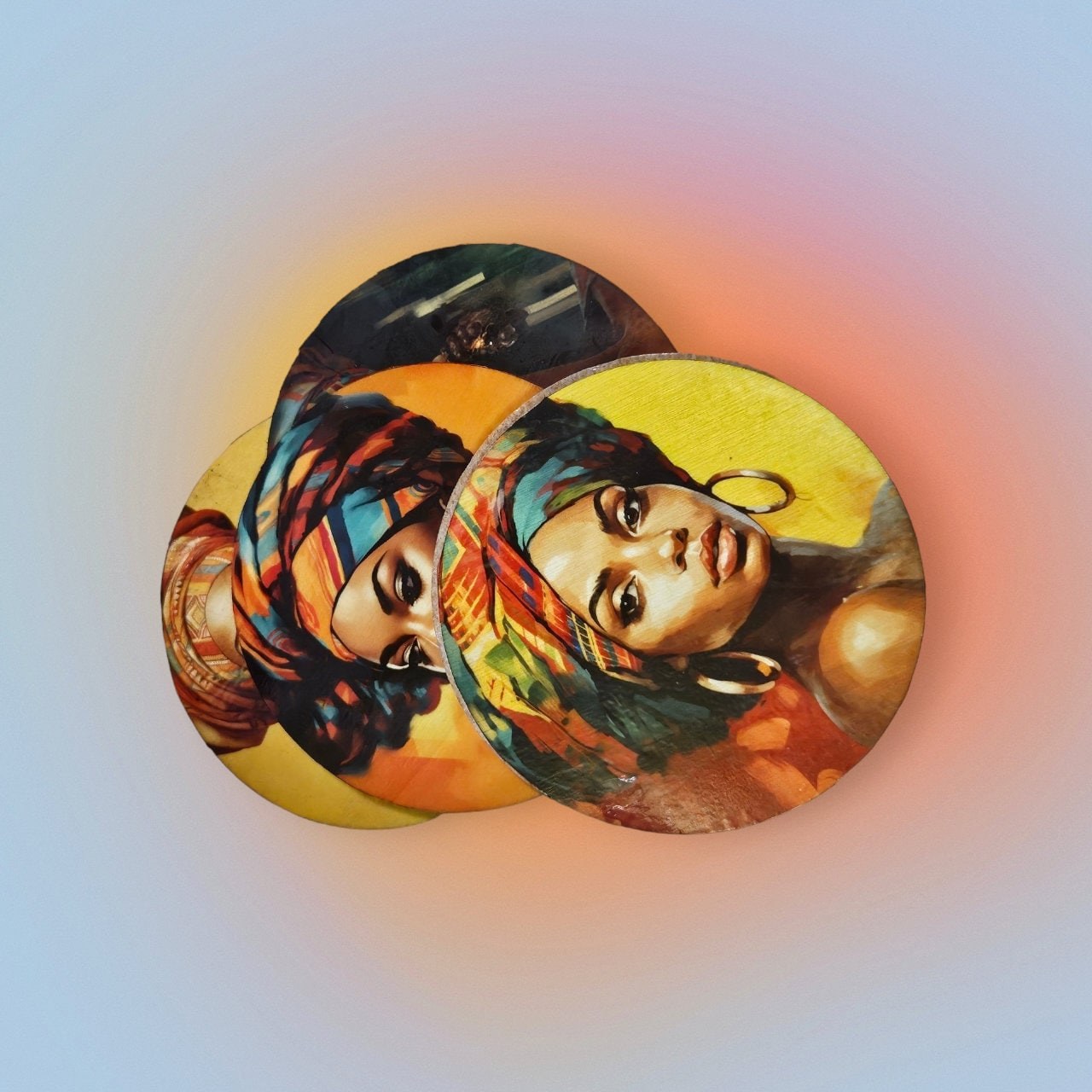 Afrocentric Wood Coasters, Set Of four, Home Decor,Round African print coasters