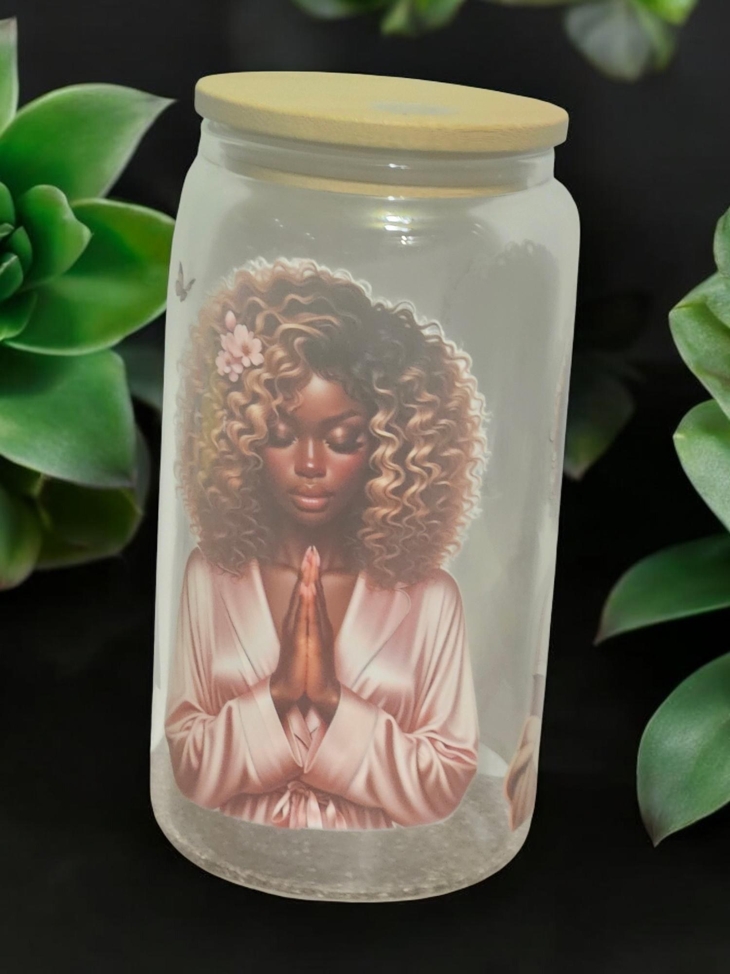 PRAYING WOMAN ,BeerCan,Glass,Ice Coffee Glass,Housewarming Gift, Afrocentric, Afro view 3