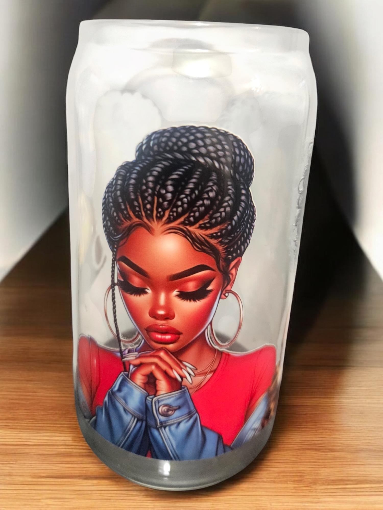 Praying Black Woman Beer Can Glass, Melanin Iced Coffee Glass 16oz, Afrocentric Christian Gift, Faith Drinkware for Her, Black Owned Gift view 2