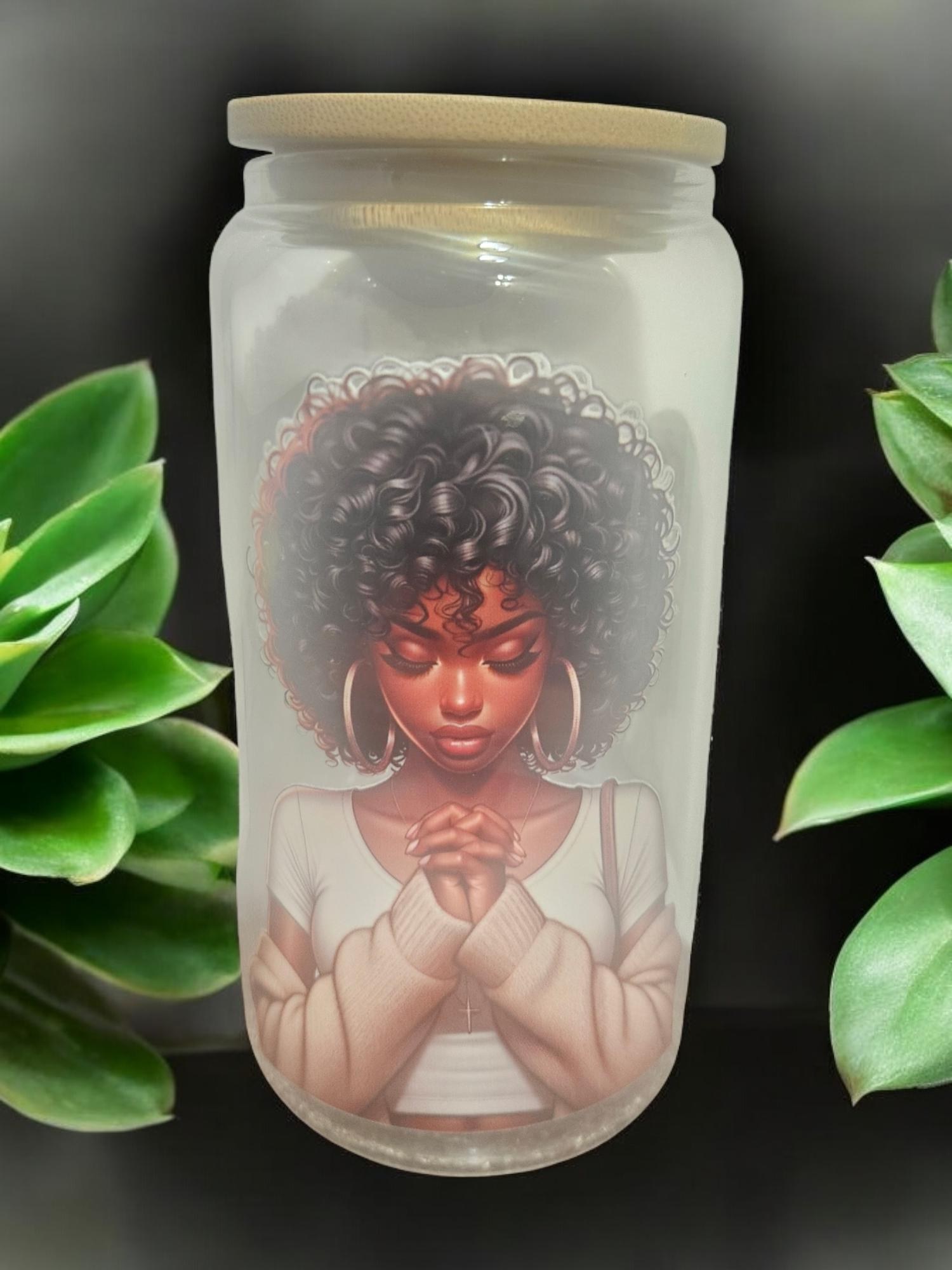 PRAYING WOMAN ,BeerCan,Glass,Ice Coffee Glass,Housewarming Gift, Afrocentric, Afro view 2
