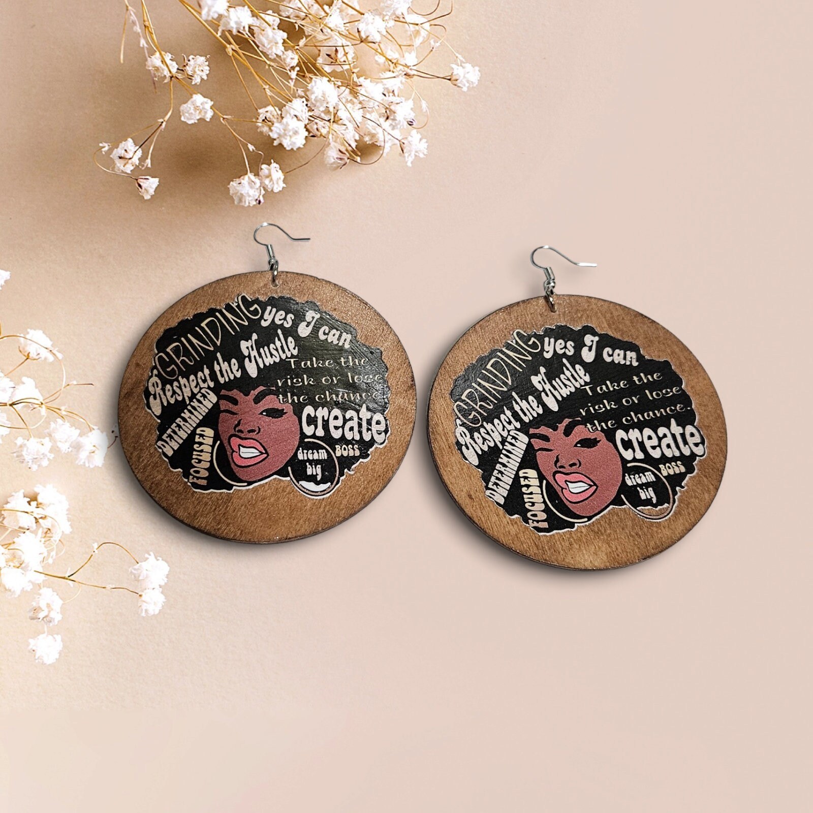 Afrocentric Wood Hoop Earrings, Dangle Design, Lightweight (3"x3") view 3