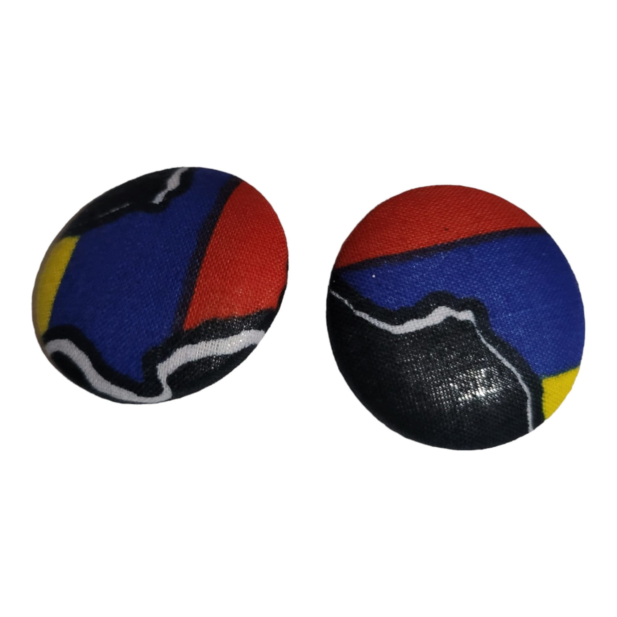 African Fabric covered button earrings made with hypoallergenic stainless Post view 2