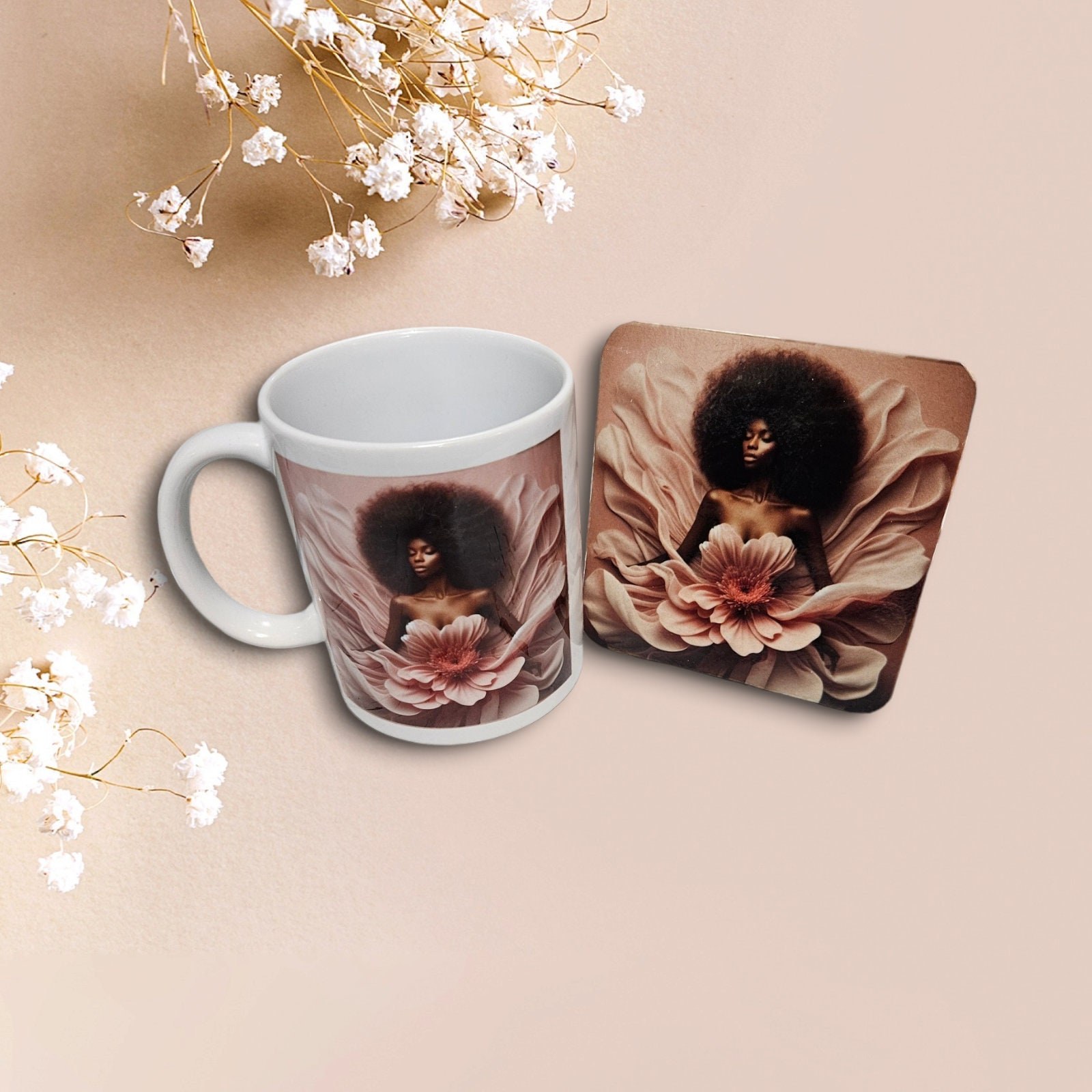 Sip in Style: 3D Afrocentric Elegance Mug - Elevate Your Coffee Experience!", Afro American Coffee Mug,Black Woman Free matching coaster view 3