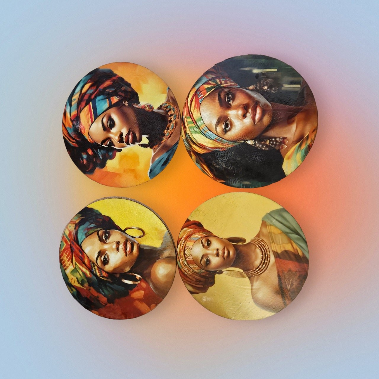 Afrocentric Wood Coasters, Set Of four, Home Decor,Round African print coasters view 2