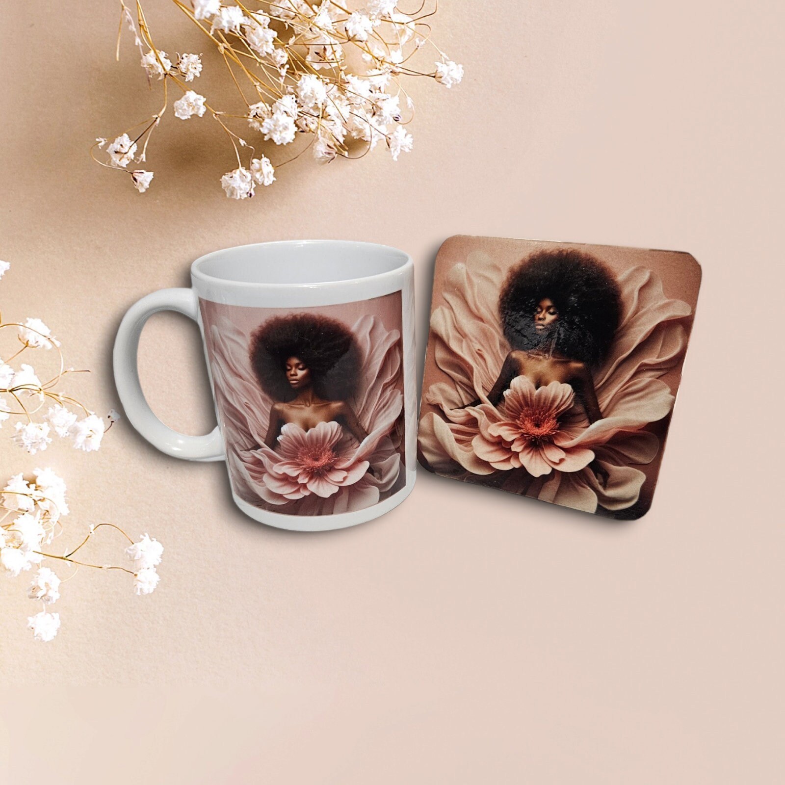 Sip in Style: 3D Afrocentric Elegance Mug - Elevate Your Coffee Experience!", Afro American Coffee Mug,Black Woman Free matching coaster view 2