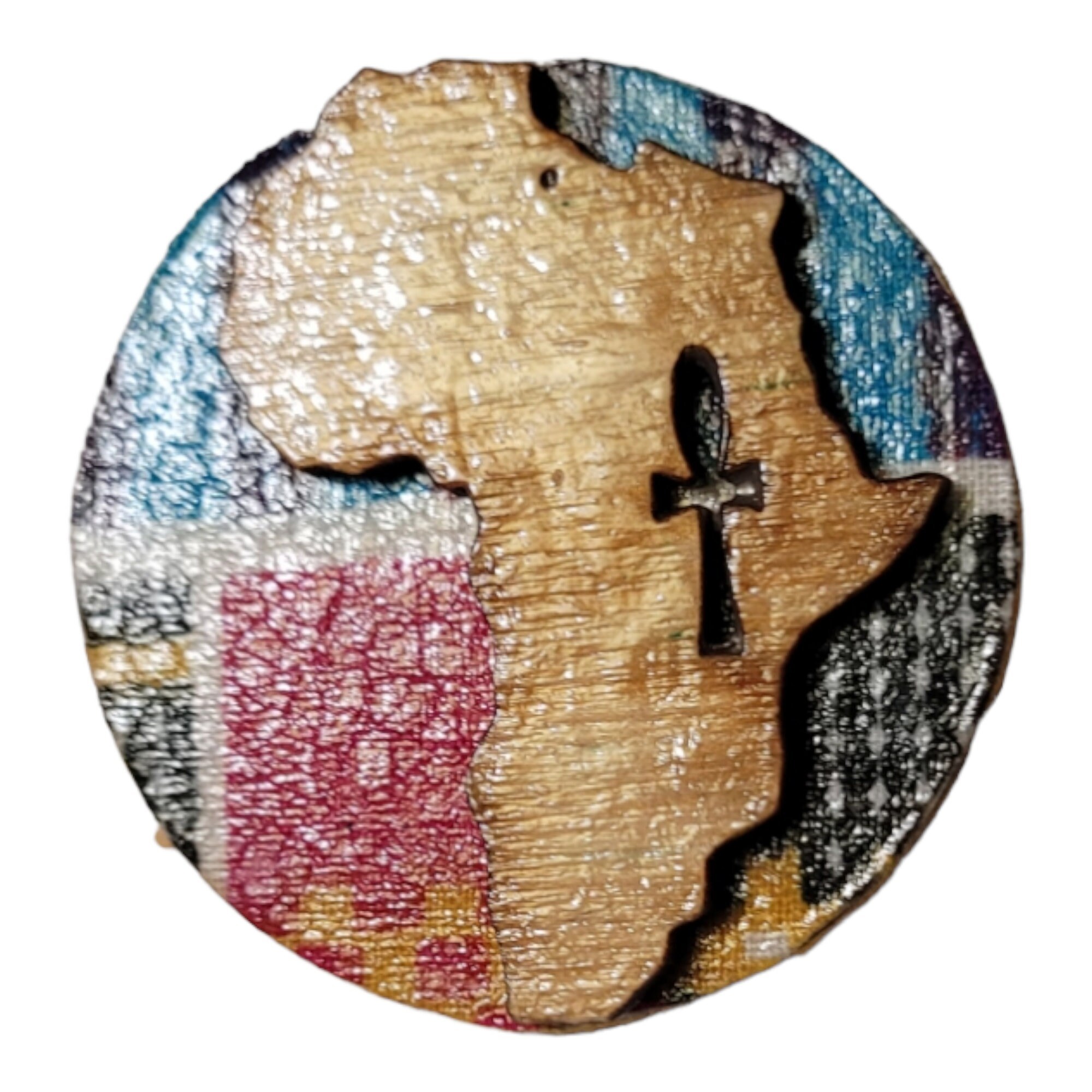 Afrocentric fabric and Wood Lapel Pin,Afrocentirc Fabric view 3