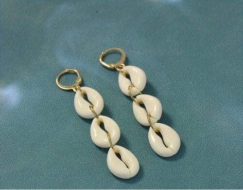 Cowrie Shell Statement Earrings, Afrocentric African Beaded Drop Earrings, Handmade Tribal Shell Earrings, Black Woman Boho Gift view 2