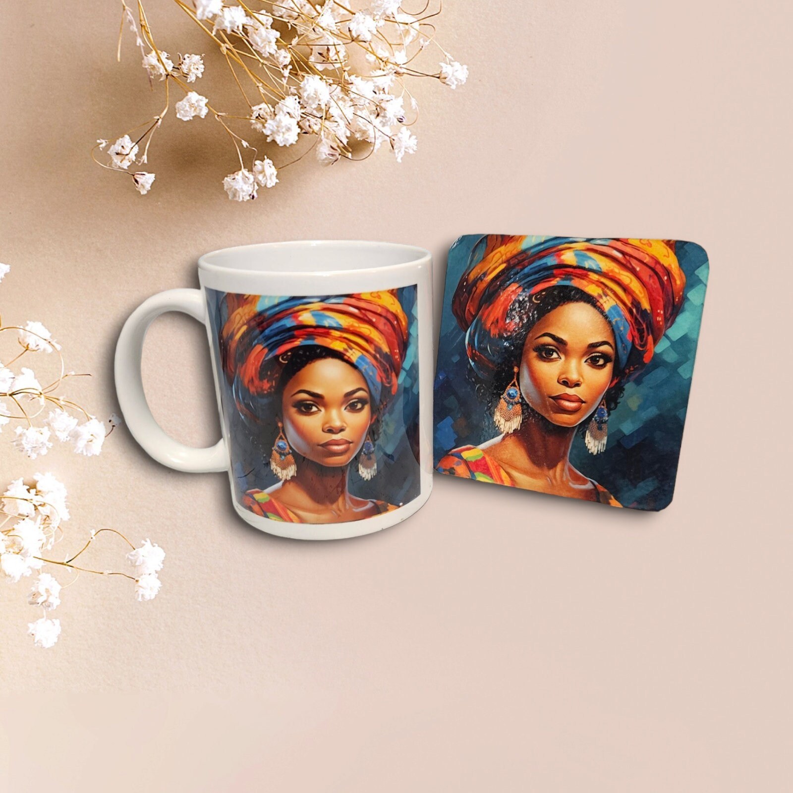 Sip in Style: 3D Afrocentric Elegance Mug - Elevate Your Coffee Experience!", Afro American Coffee Mug,Black Woman Free matching coaster view 2