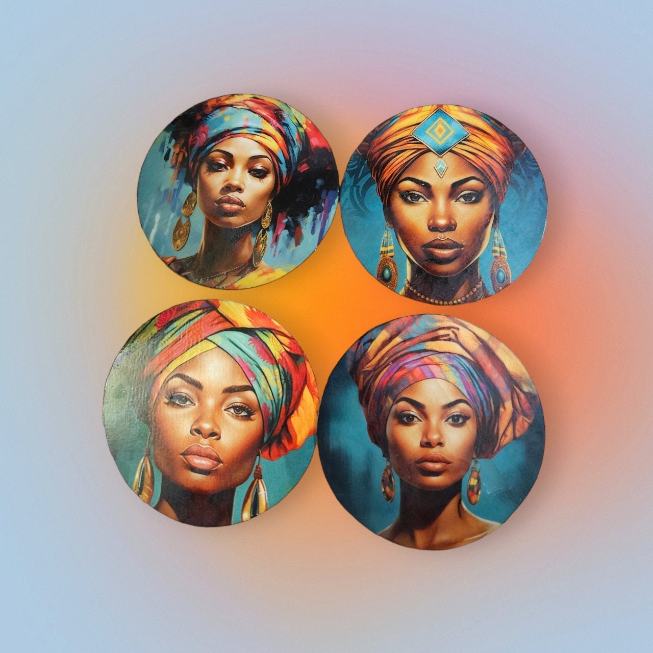 Afrocentric Wood Coasters, Set Of four, Home Decor,Round African print coasters view 2