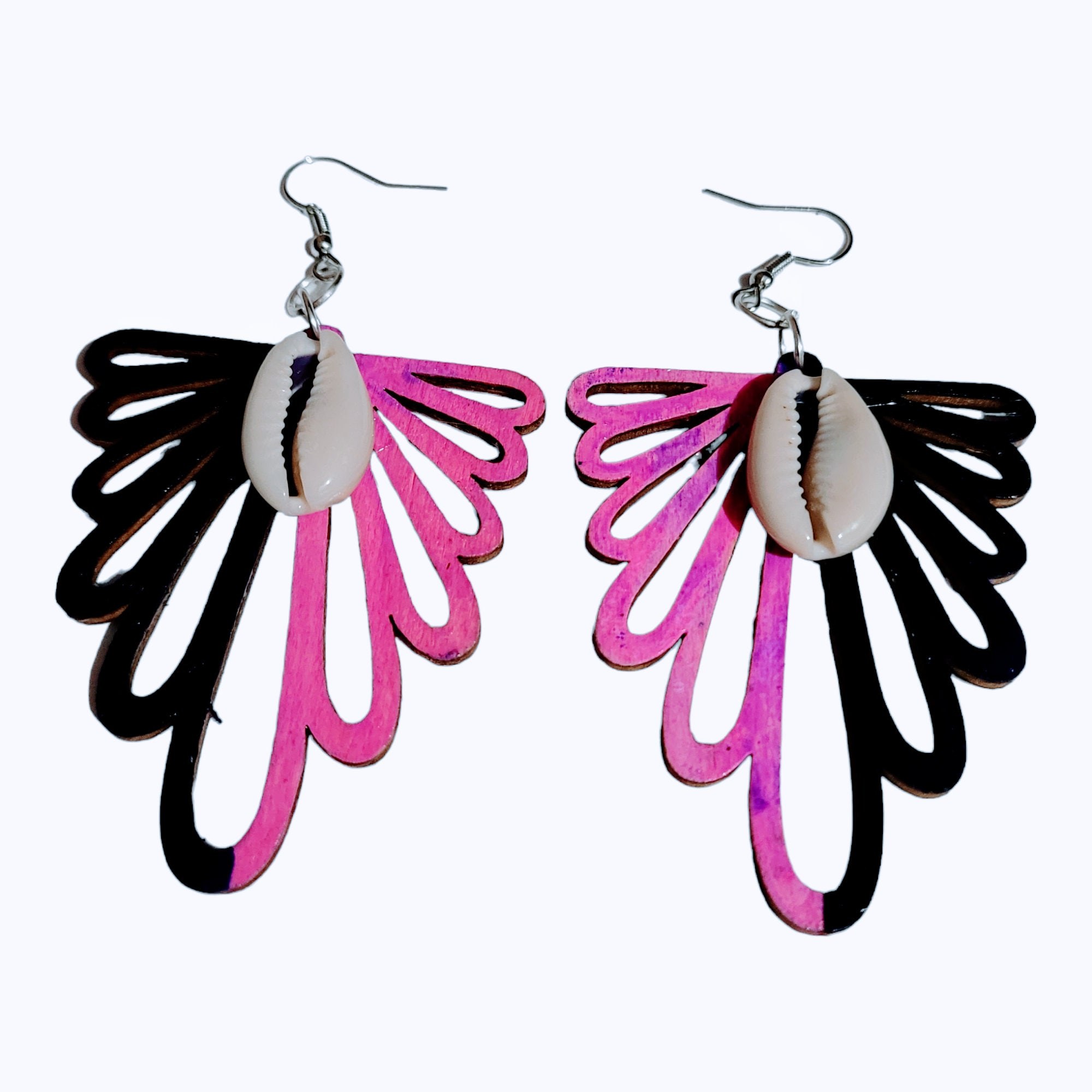 Purple and Pink Handpainted with Cowrie Shell Earrings Hoop Earrings, Dangle Earrings, Ethnic Earrings,