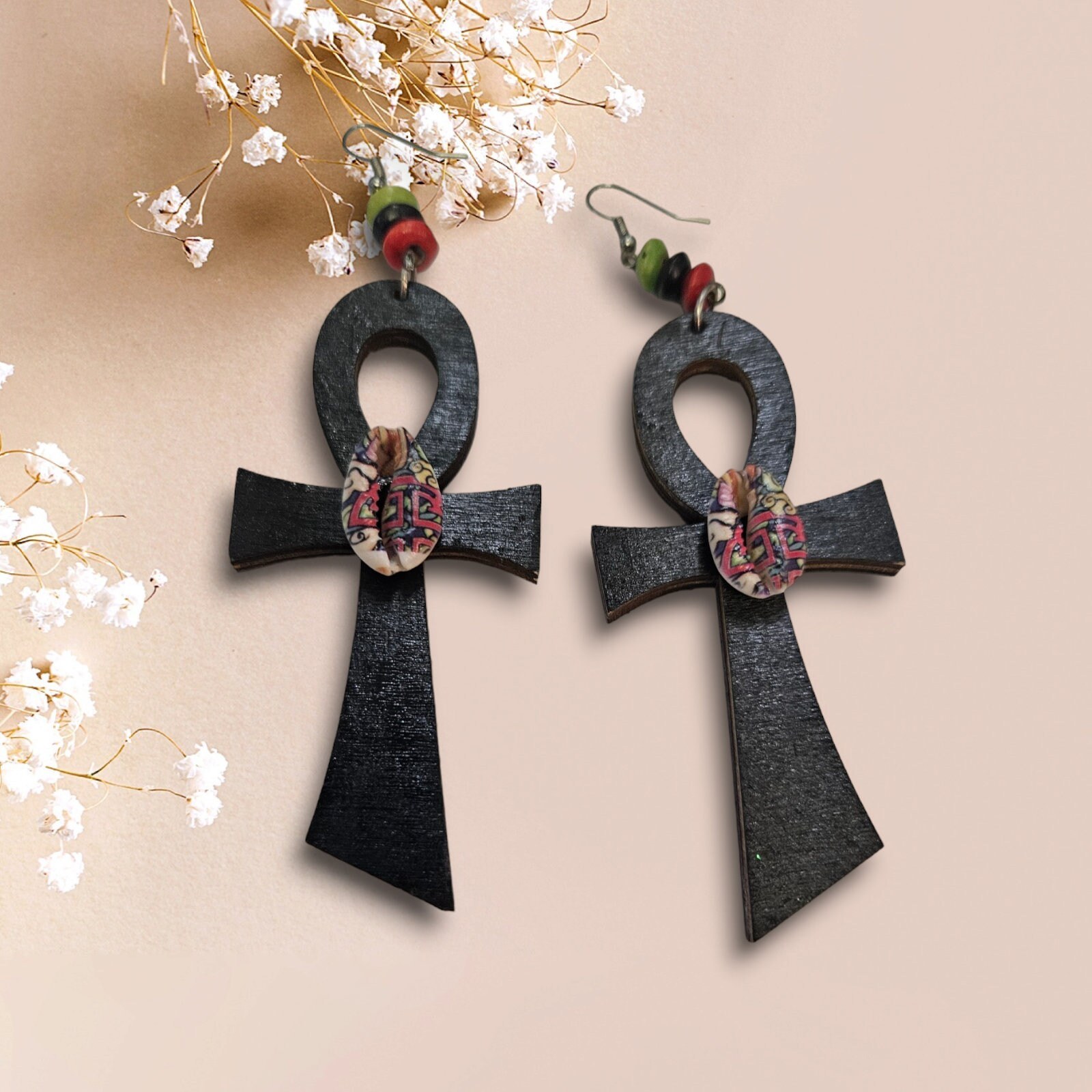 Handpainted Ankh Earrings,afrocentric,cowrie shell view 2