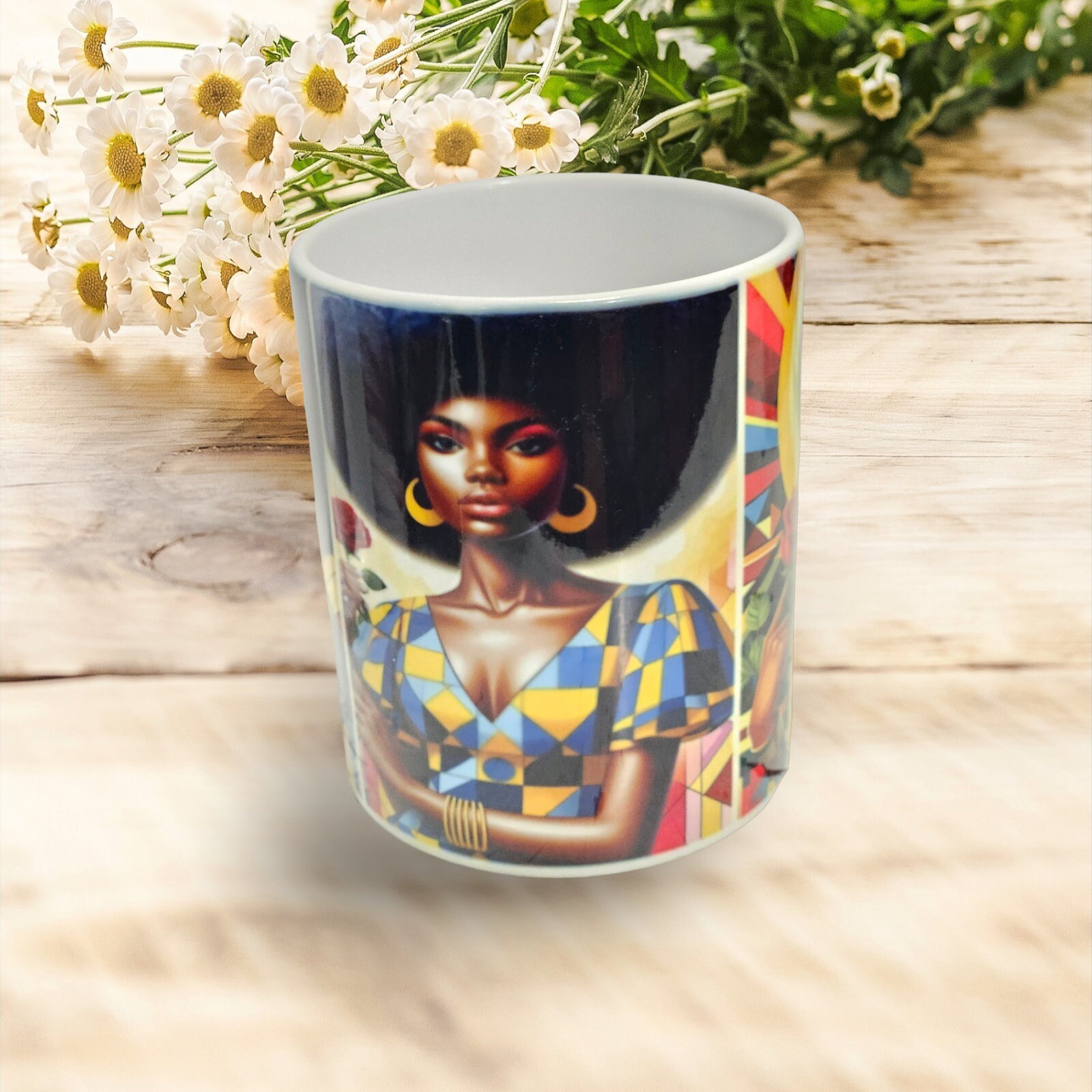 Sip in Style: 3D Afrocentric Elegance Mug - Elevate Your Coffee Experience!", Afro American Coffee Mug,Black Woman Free matching coaster view 3