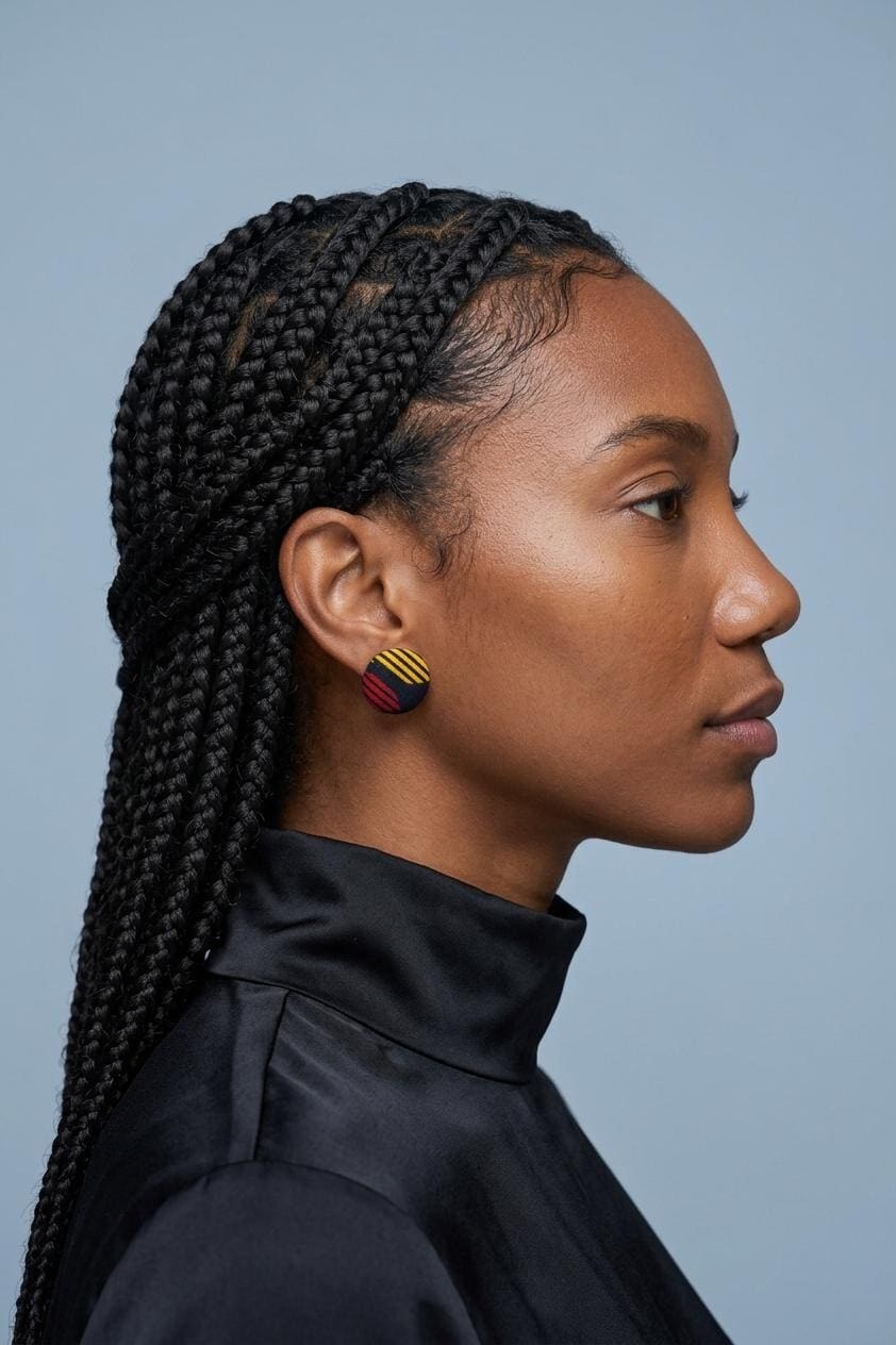 African Fabric covered button earrings made with hypoallergenic stainless Post