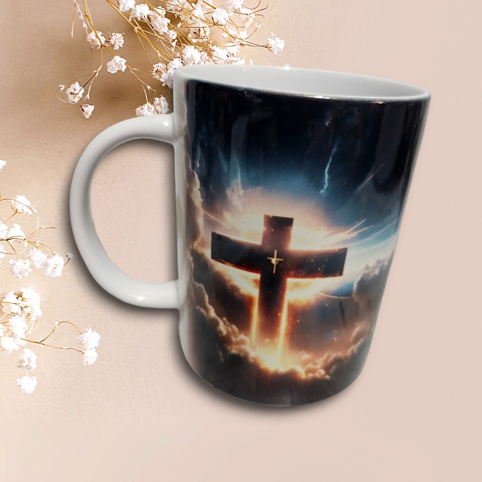 3D Christian Cross in Heaven Coffee Mug, Afro American Coffee Mug,Black Woman Boss, Free Matching Coaster view 2