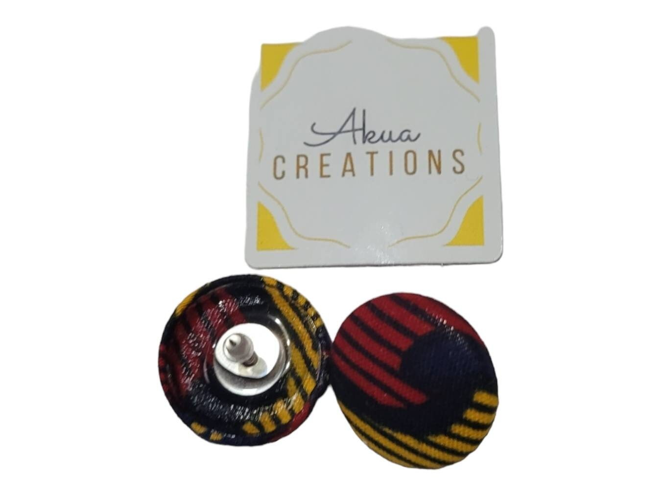 African Fabric covered button earrings made with hypoallergenic stainless Post view 3