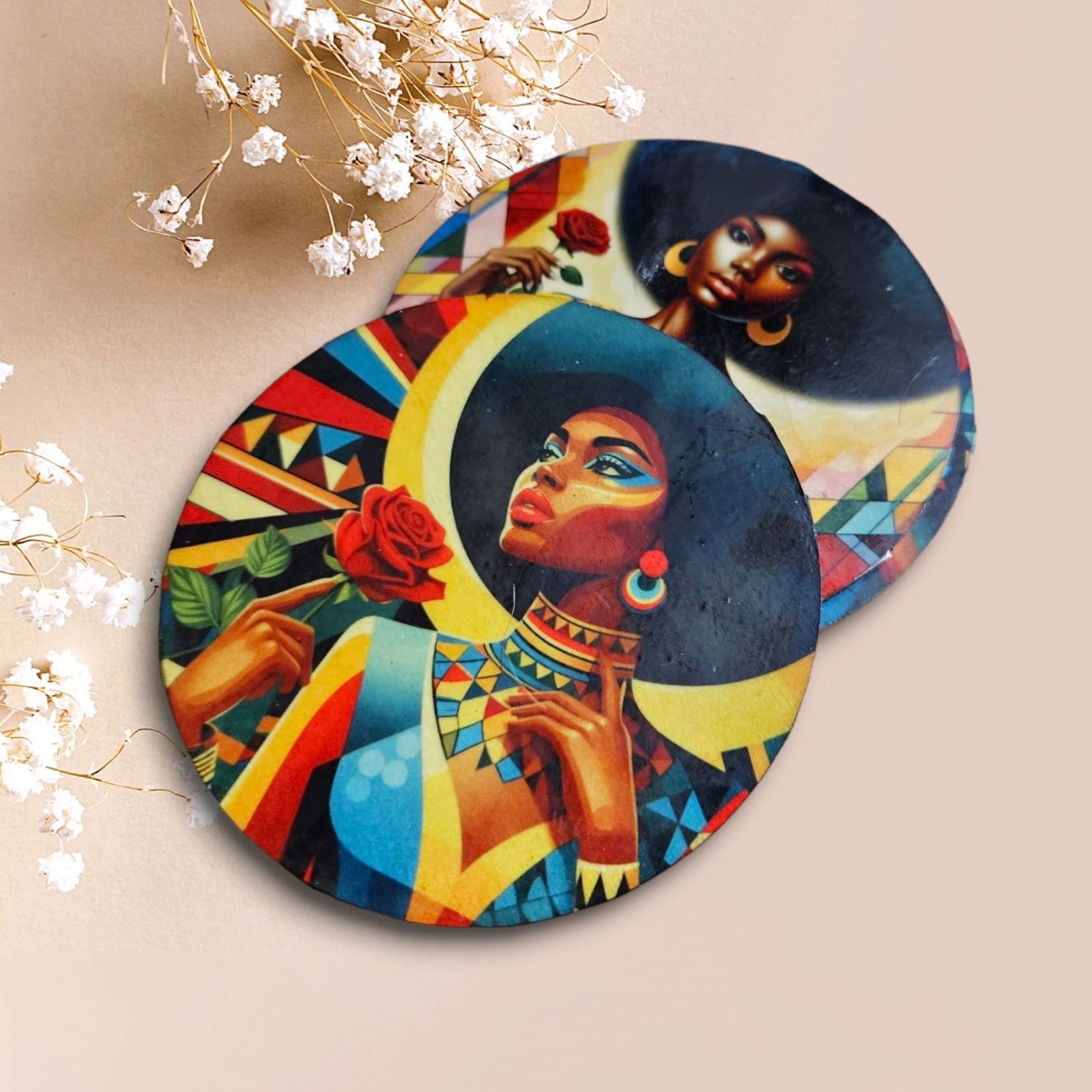 Afrocentric Wood Coasters, Set Of four, Home Decor,Round African print coasters view 2