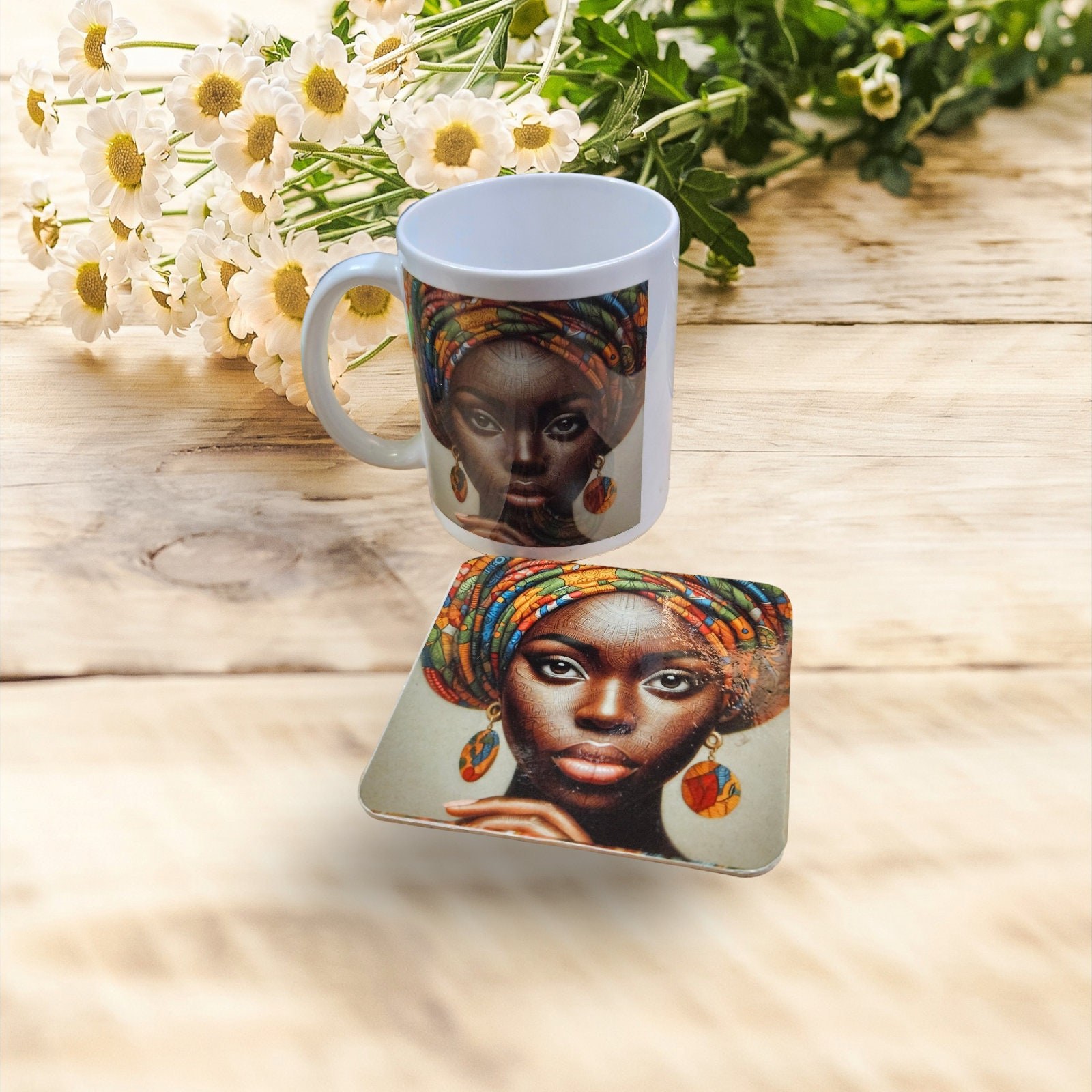 Sip in Style: 3D Afrocentric Elegance Mug - Elevate Your Coffee Experience!", Afro American Coffee Mug,Black Woman Free matching coaster view 4