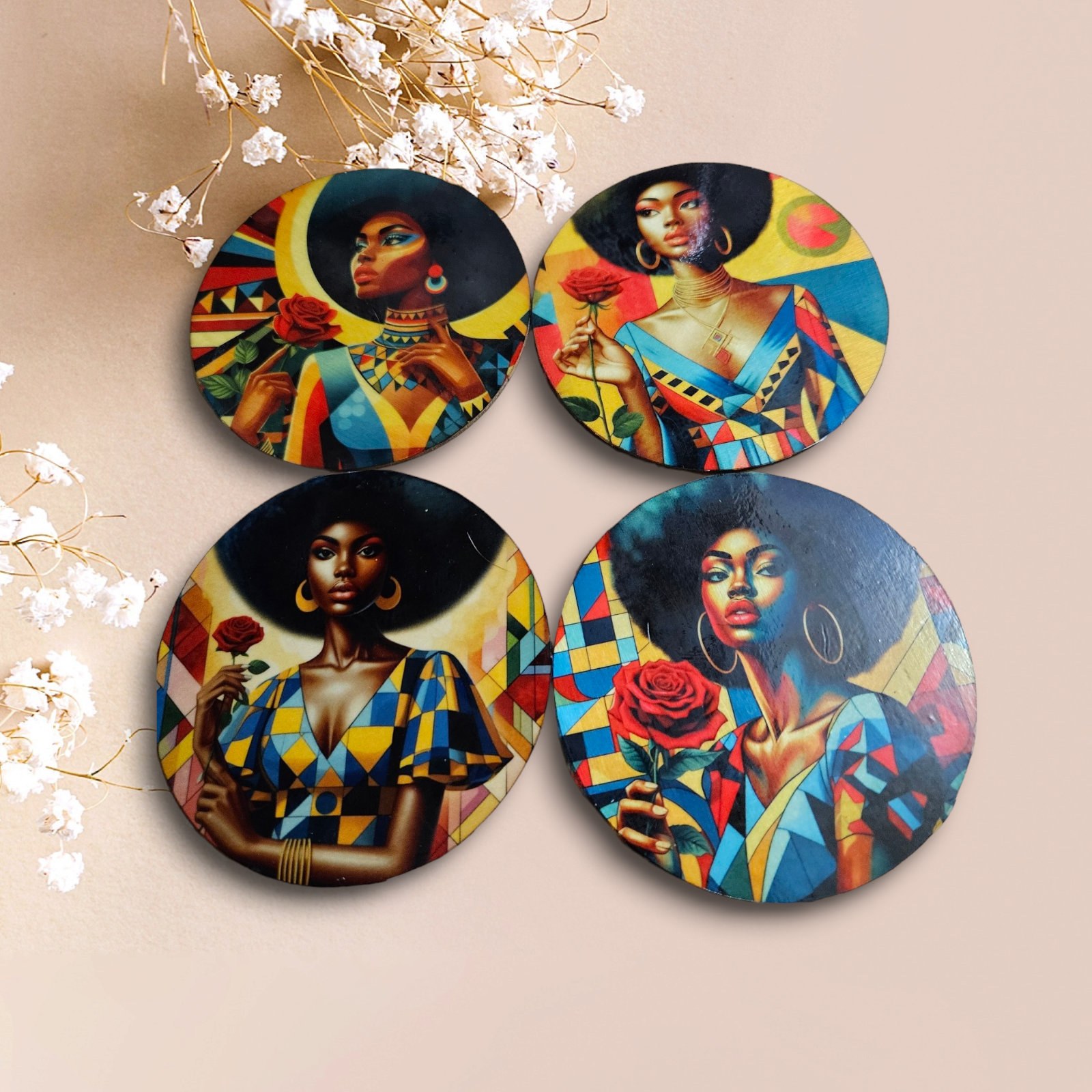 Afrocentric Wood Coasters, Set Of four, Home Decor,Round African print coasters