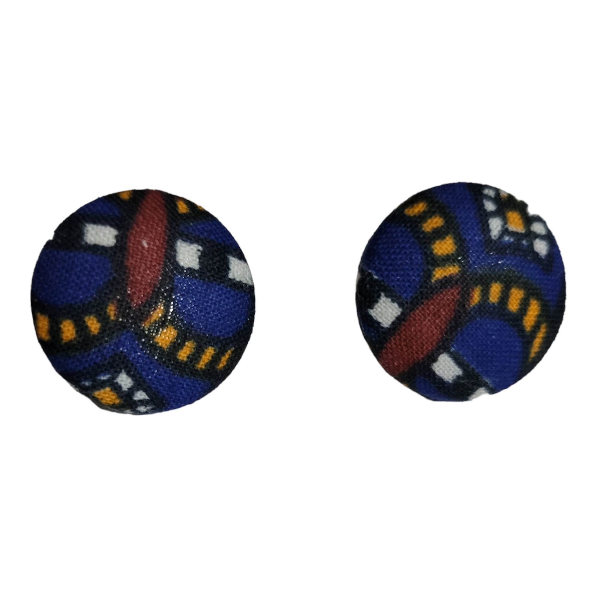 African Fabric covered button earrings made with hypoallergenic stainless Post view 2