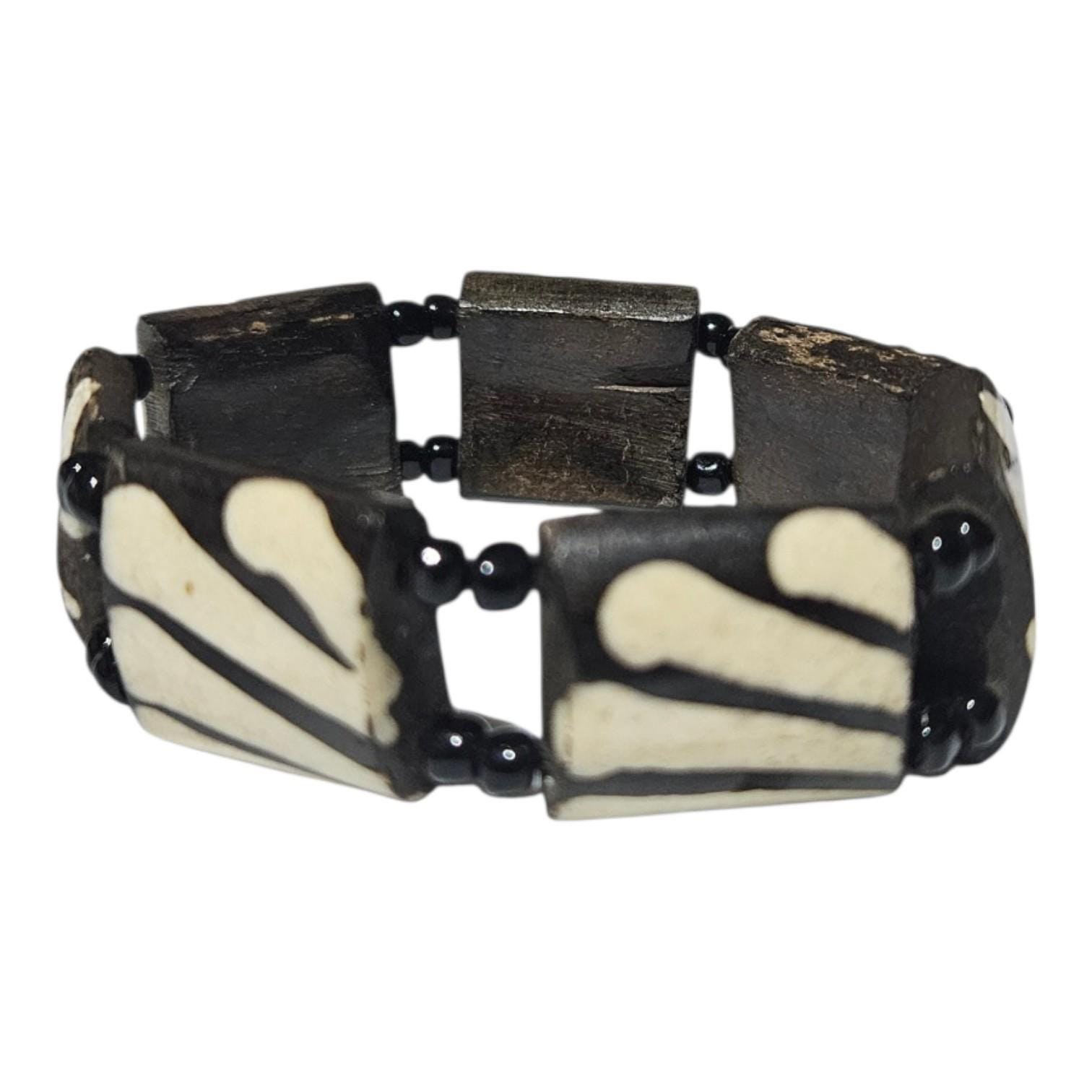 Black Cream Batik Tribal Bold Pattern African Mudcloth Design Stretch Bone Bracelet view 2