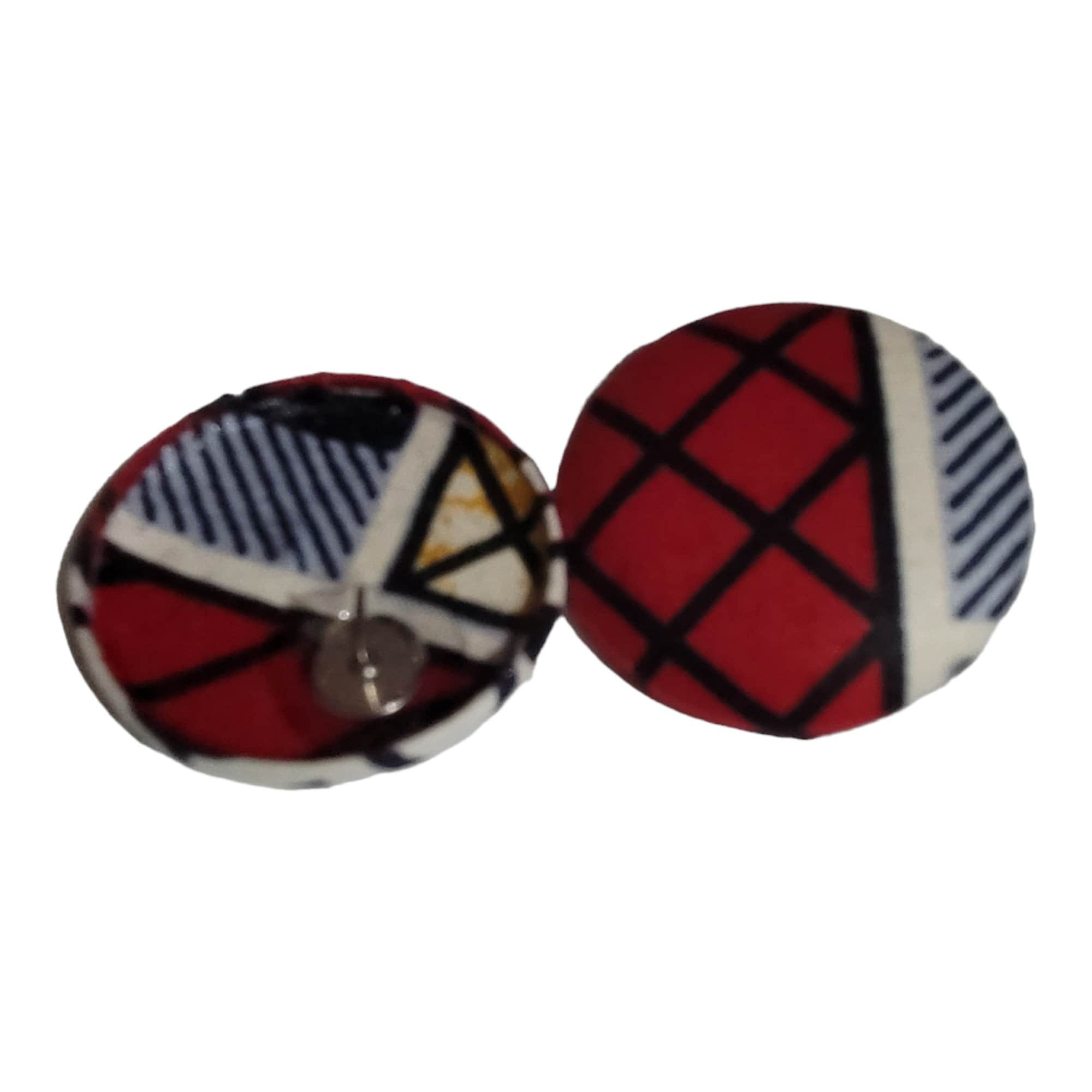 African Fabric covered button earrings made with hypoallergenic stainless Post view 3