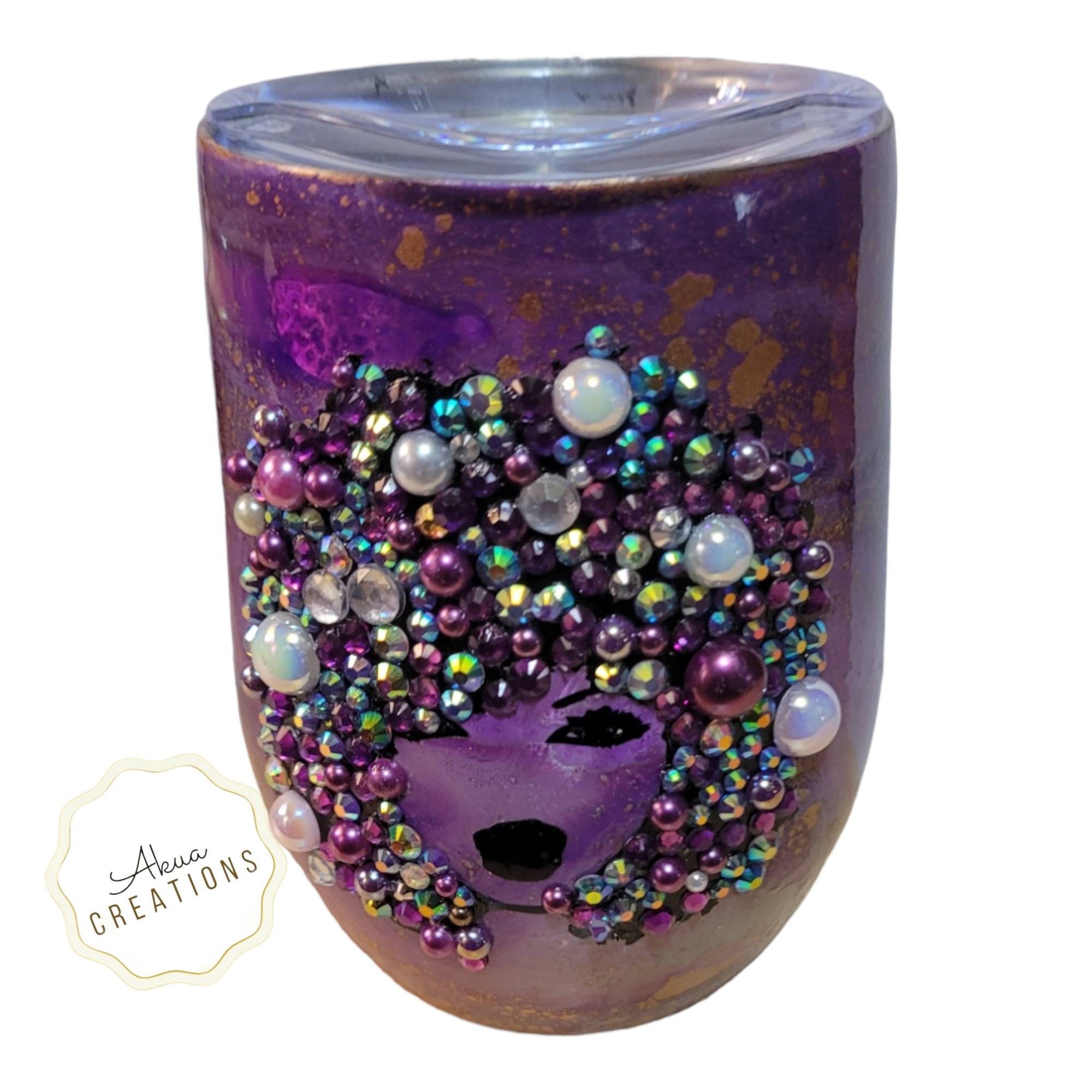 Bling Stemless Wine Tumbler, Rhinestone Insulated Wine Cup 20oz, Glitter Wine Tumbler, Black Woman Birthday Gift, Custom Melanin Tumbler