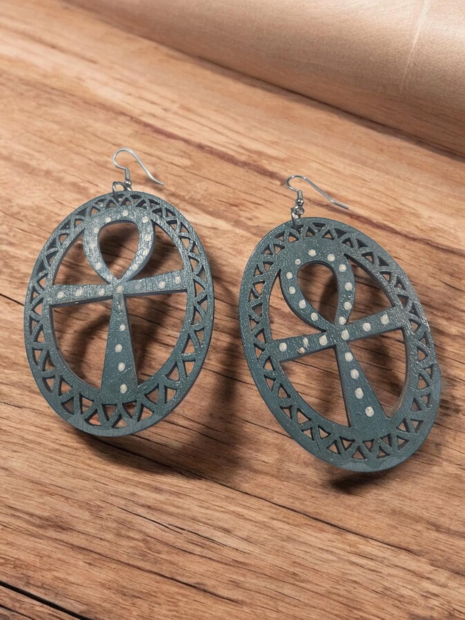 Hand painted Ankh Wood Earrings