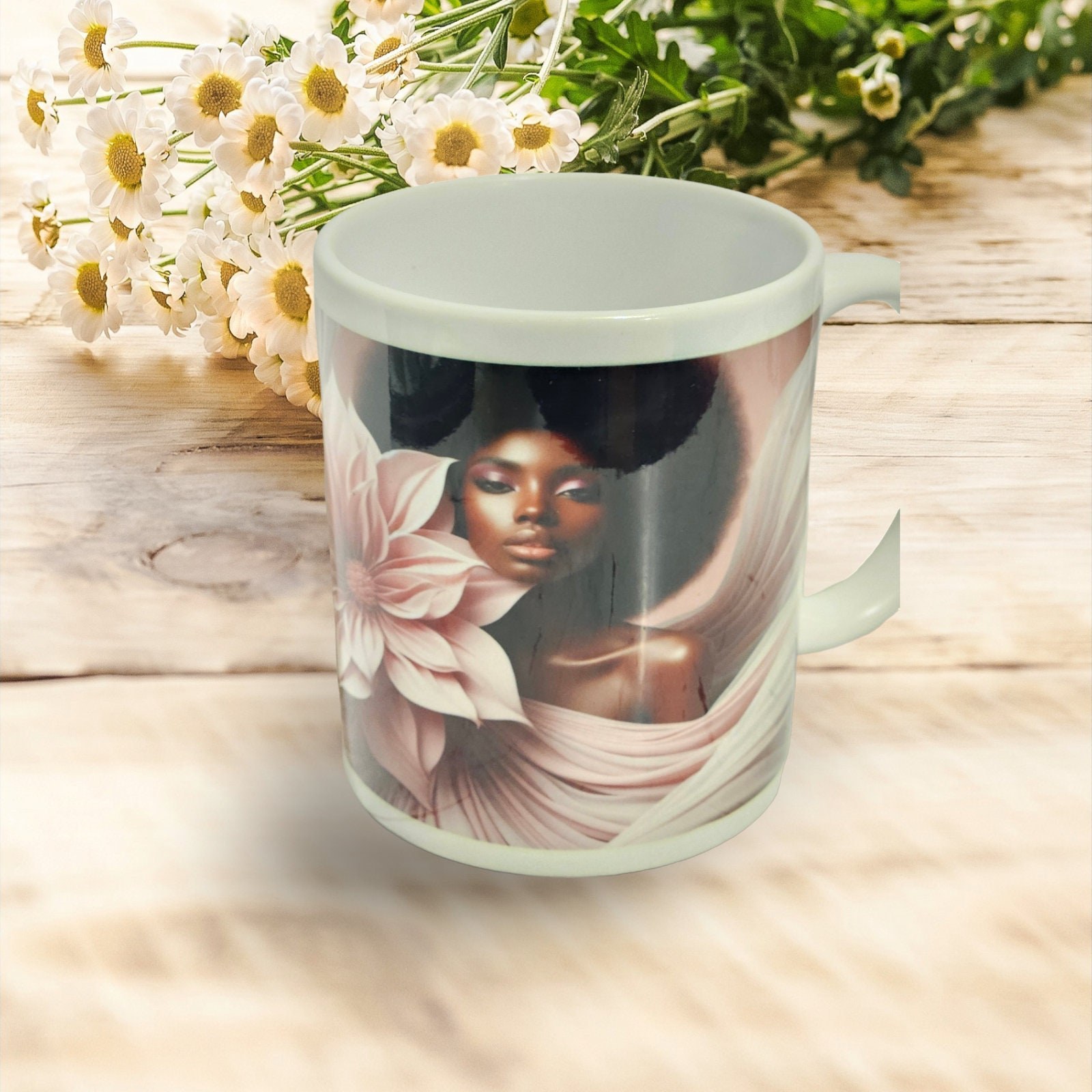 Sip in Style: 3D Afrocentric Elegance Mug - Elevate Your Coffee Experience!", Afro American woman, Free matching coaster view 2