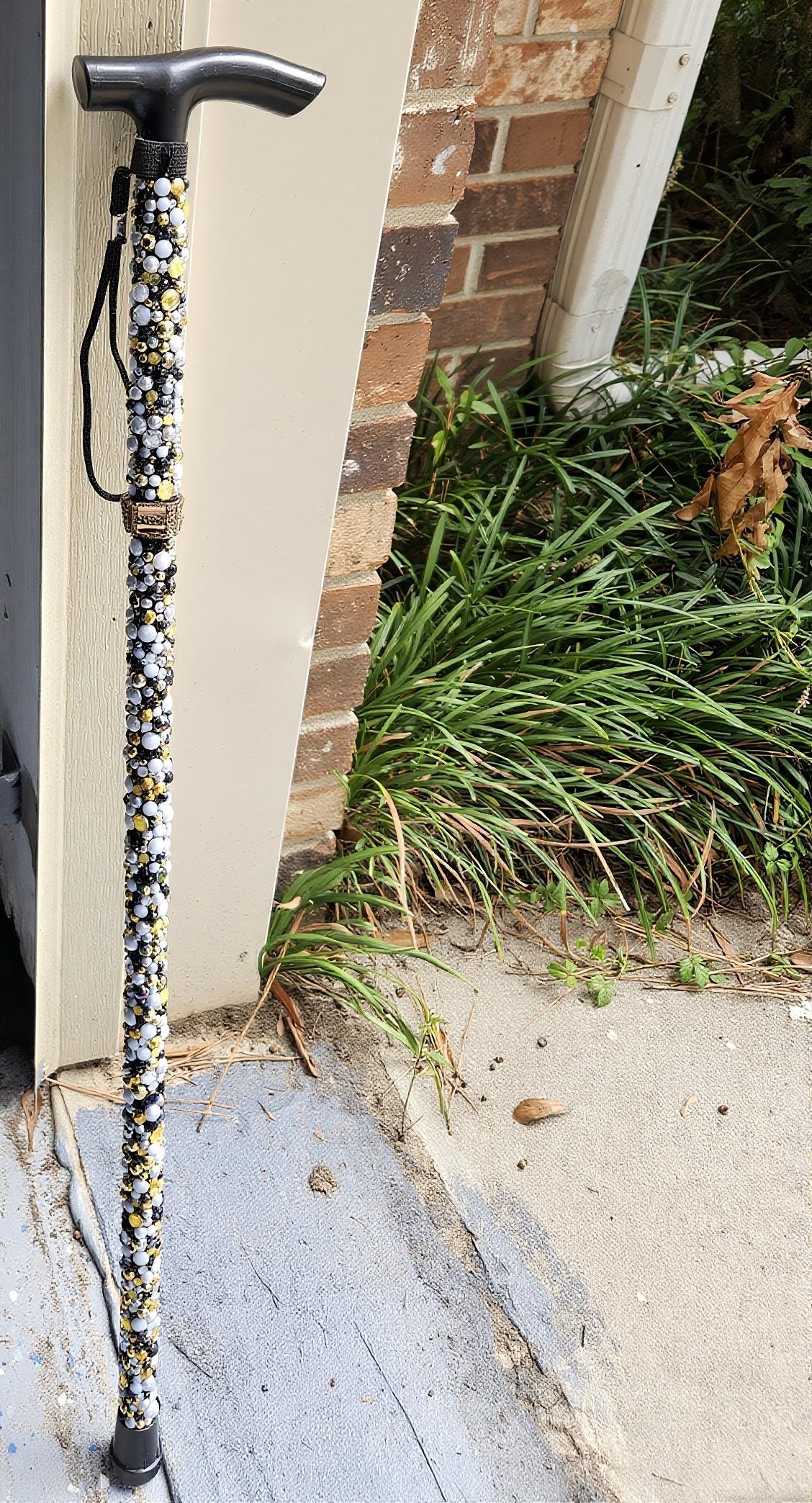 Sparkly Rhinestone Walking Cane, Foldable Fashion Accessory for Women Black white and Gold Pearls view 2
