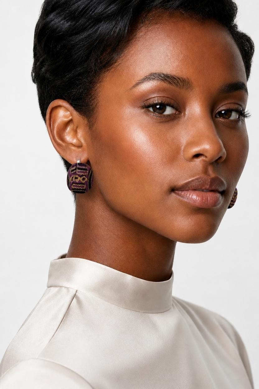 African Fabric covered button earrings made with hypoallergenic stainless Post