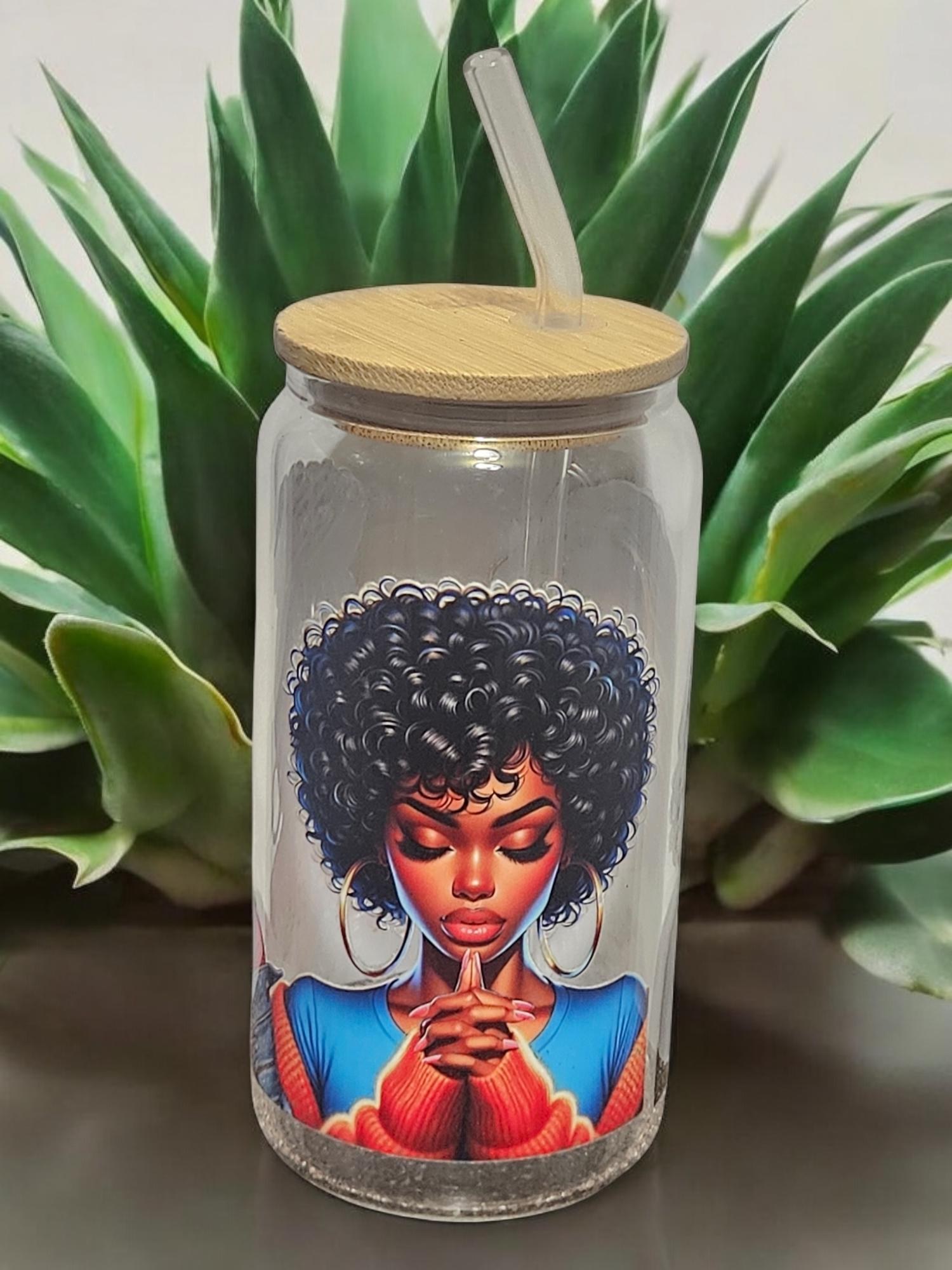 PRAYING WOMAN ,BeerCan,Glass,Ice Coffee Glass,Housewarming Gift, Afrocentric, Afro view 4