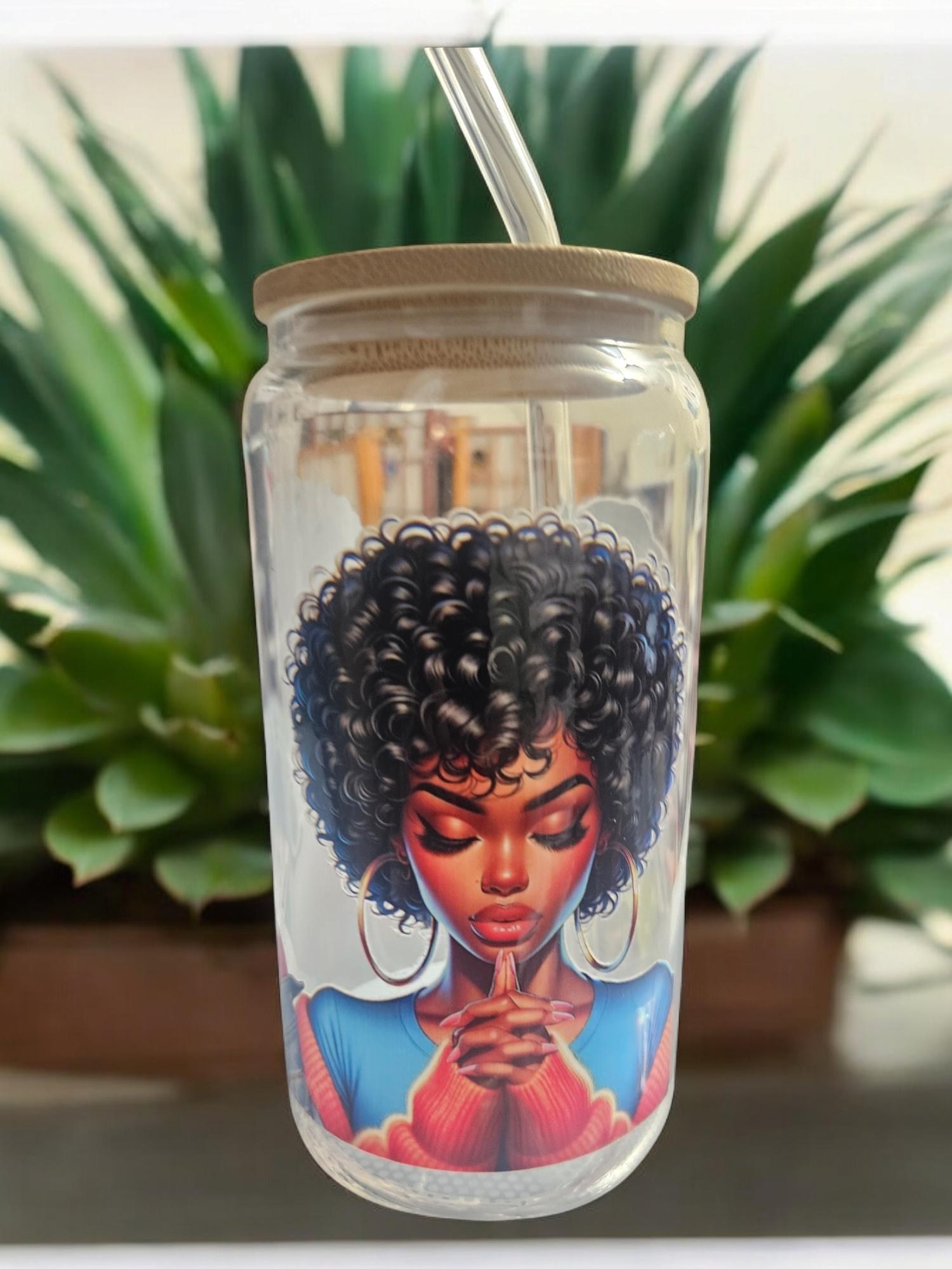 PRAYING WOMAN ,BeerCan,Glass,Ice Coffee Glass,Housewarming Gift, Afrocentric, Afro view 5